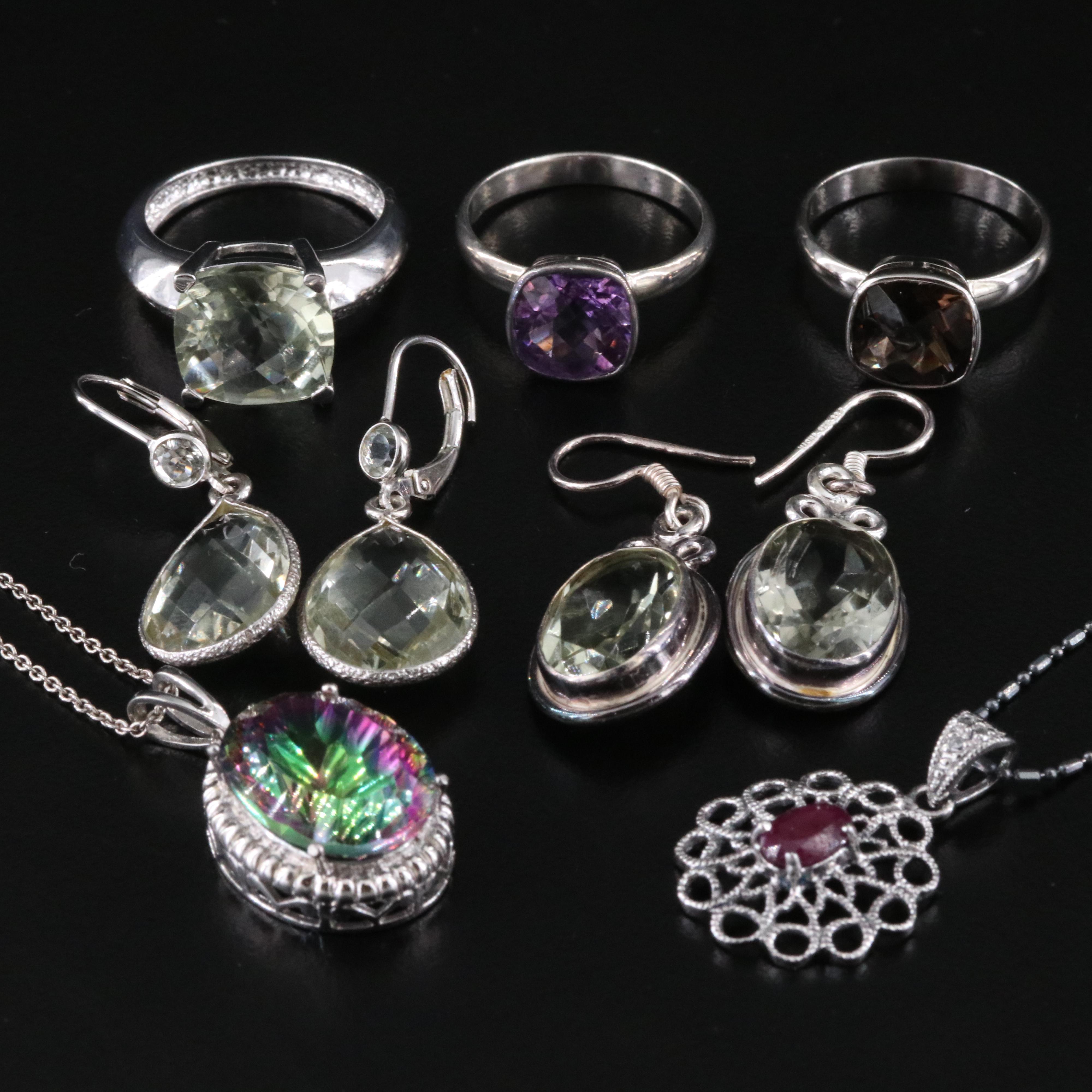 Sterling Jewelry Collection Including Amethyst, Prasiolite and Smoky Quartz