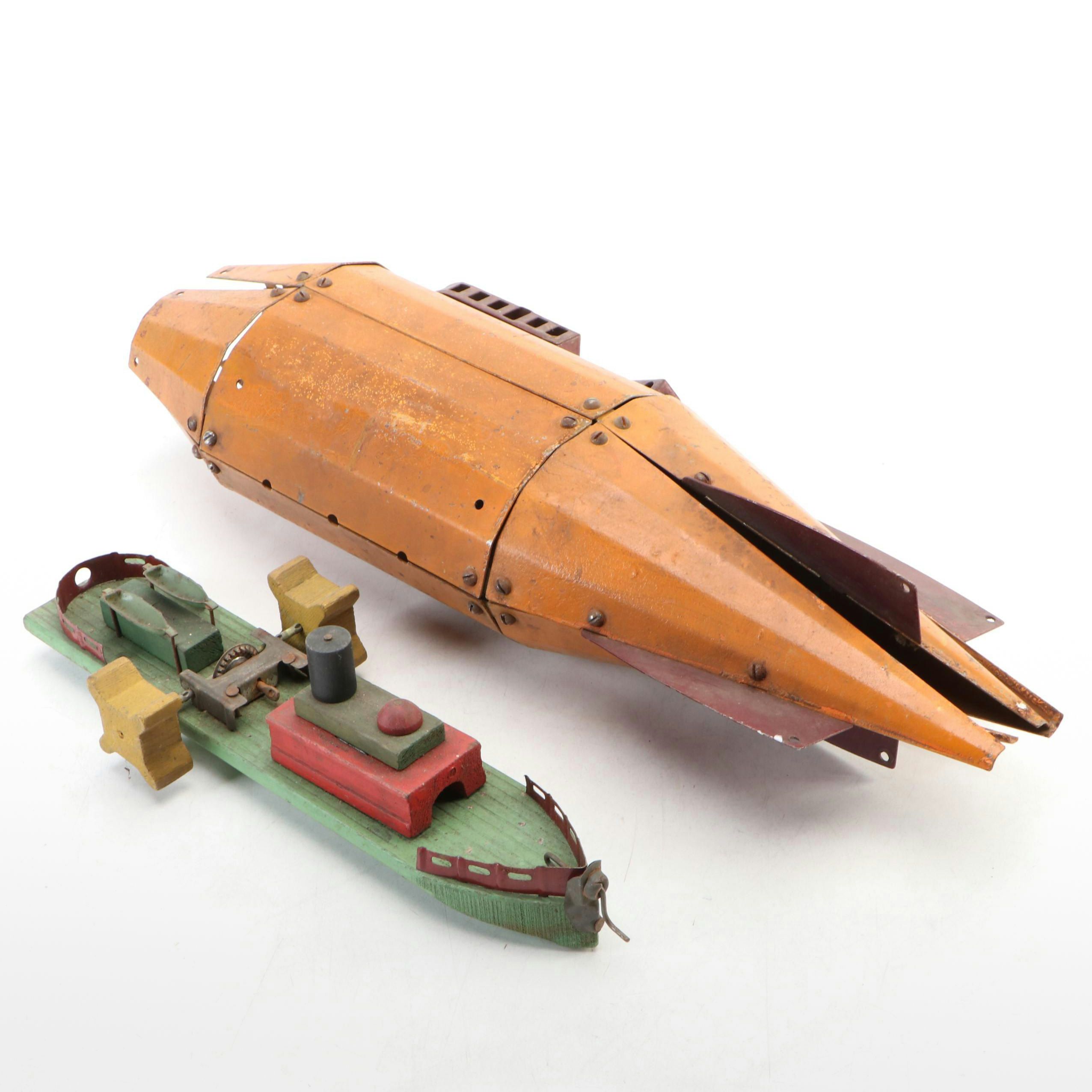 Metalcraft Metal Zeppelin with Wooden Paddle Wheel Toys, Early to Mid-20th C.