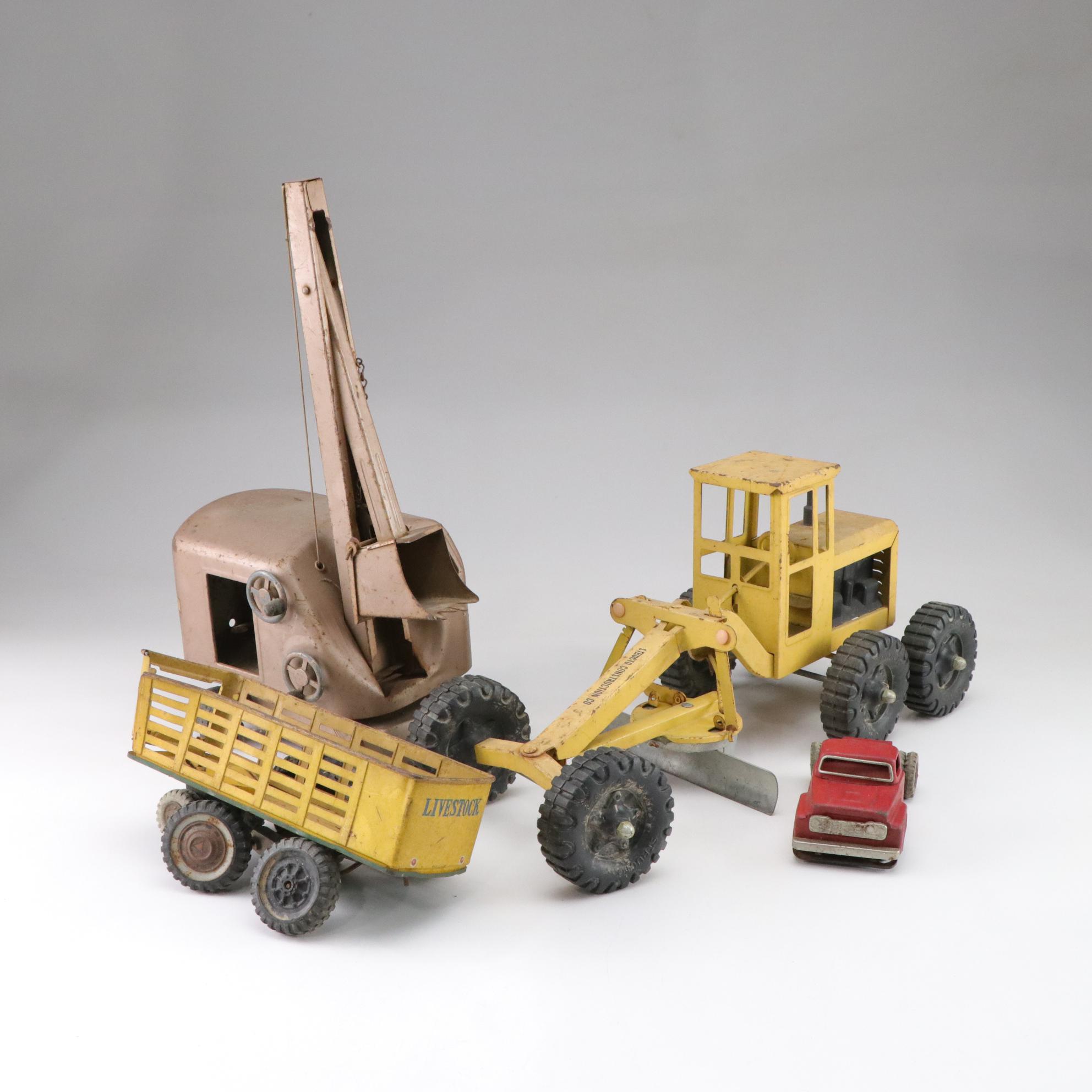 Structo Metal Road Grader and Steam Shovel Toys, Mid 20th Century