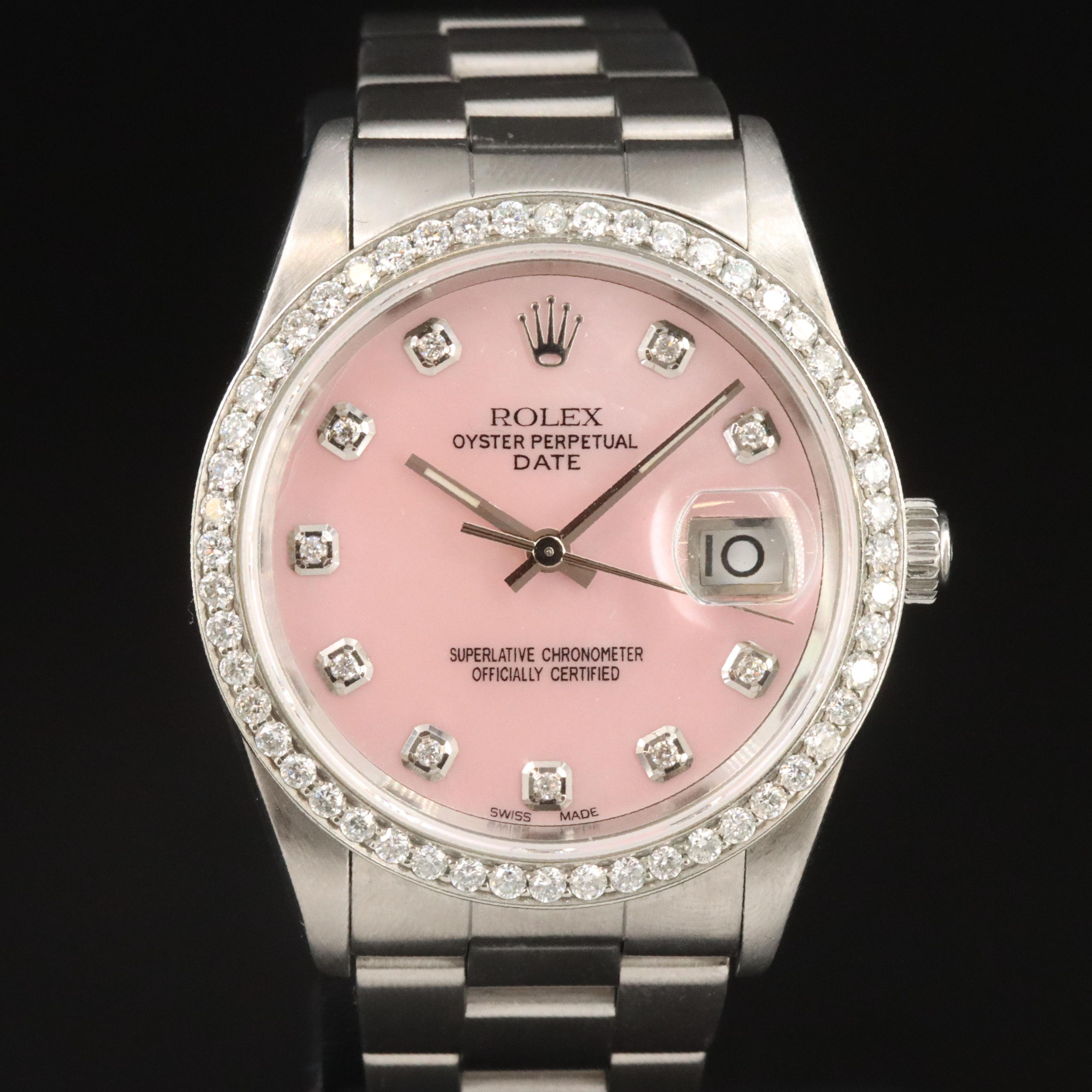 1999 Rolex Date 15200 Custom 1.16 CTW Diamond Dial & Bezel Steel Automatic Watch