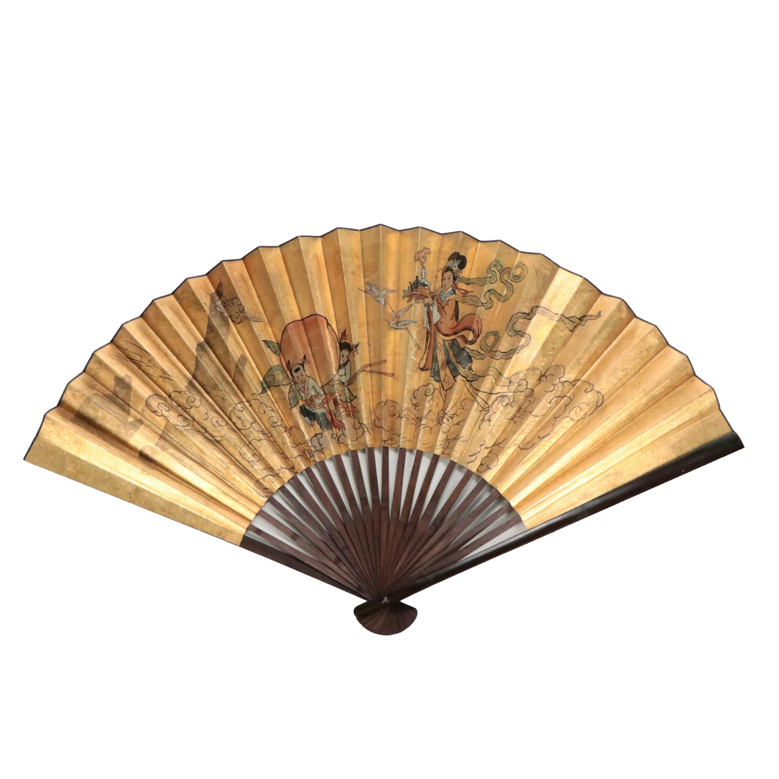 Chinese Oversized Hand-Painted Gilt Paper Fan with Genre Scene