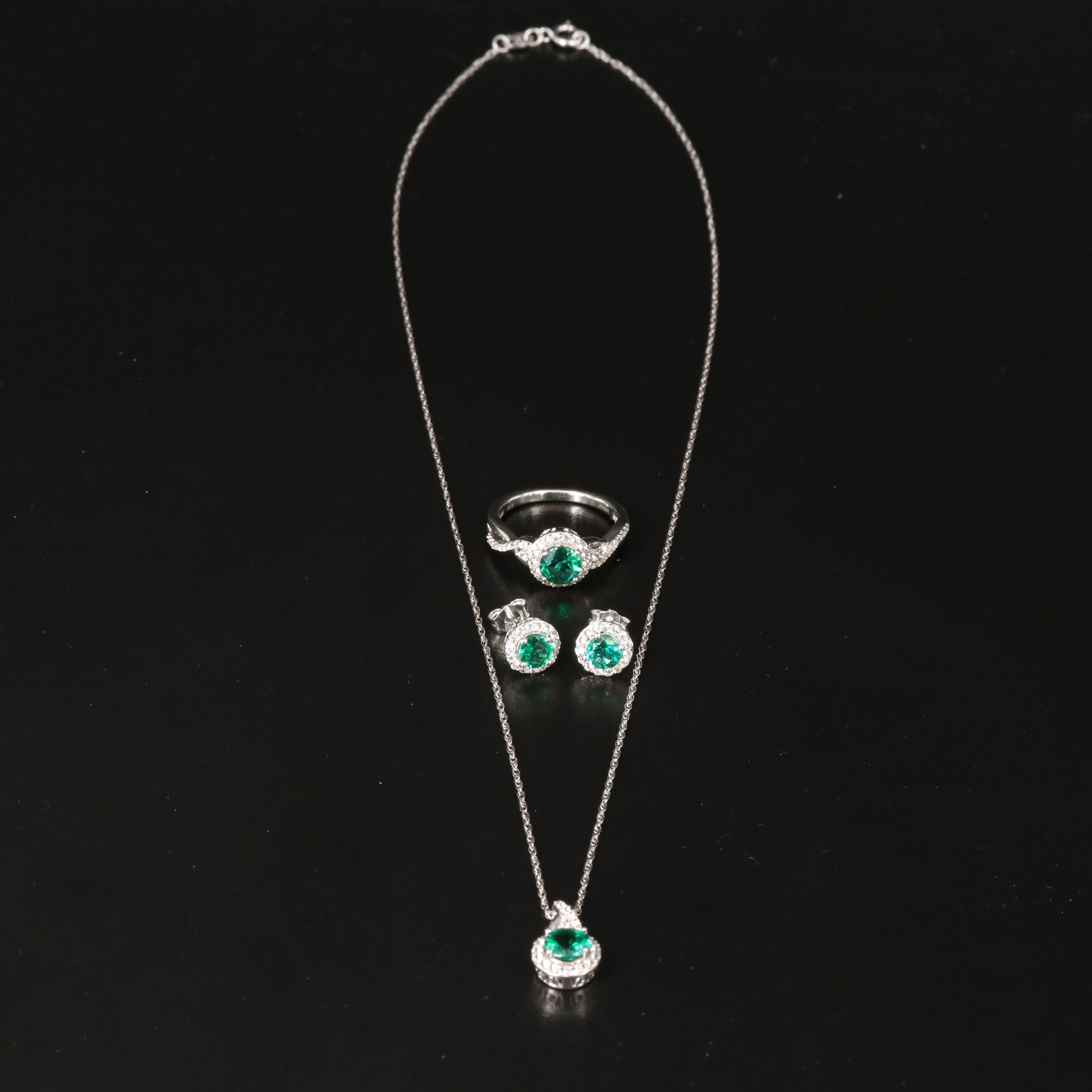 Sterling Emerald and White Sapphire Earrings, Necklace and Ring Set