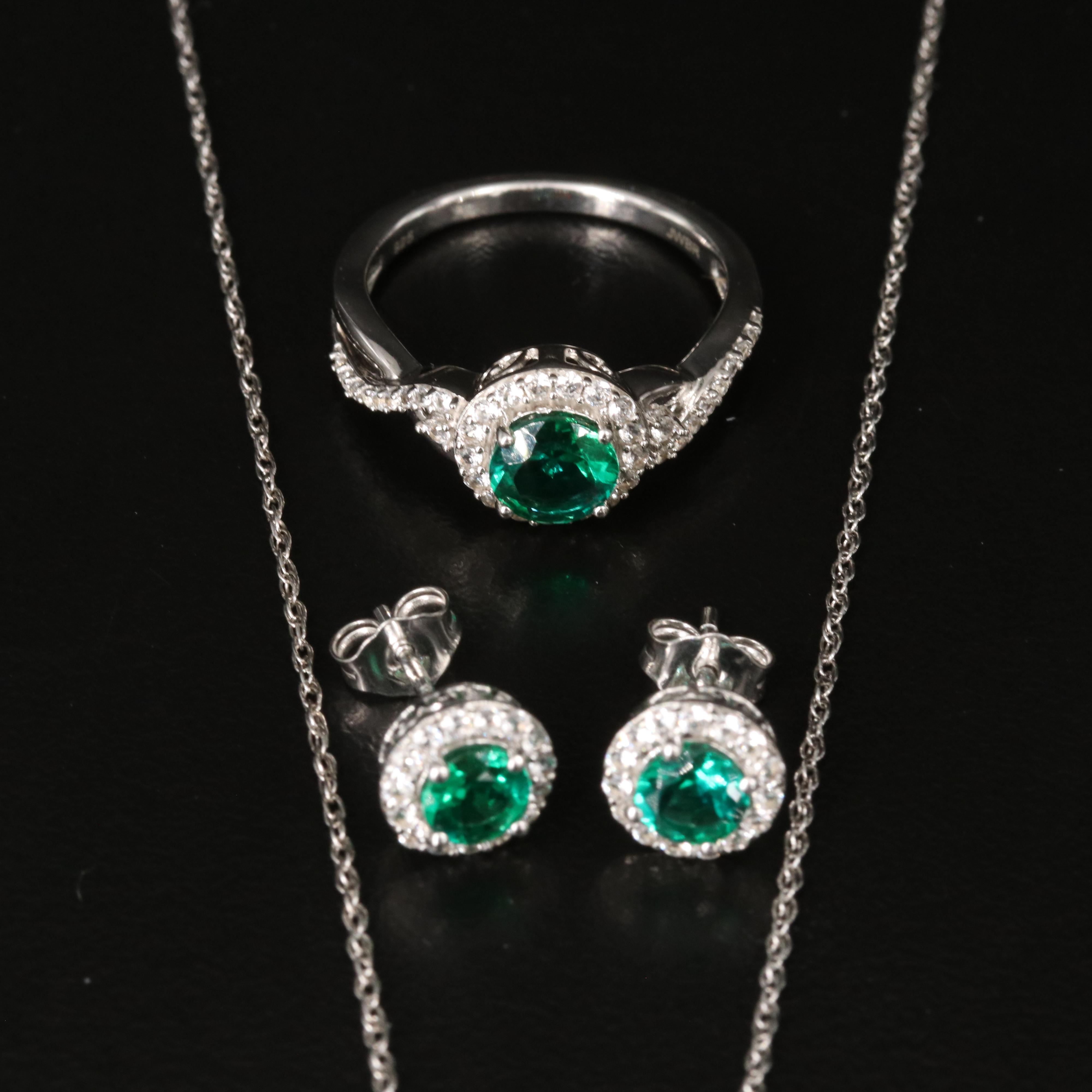 Sterling Emerald and White Sapphire Earrings, Necklace and Ring Set