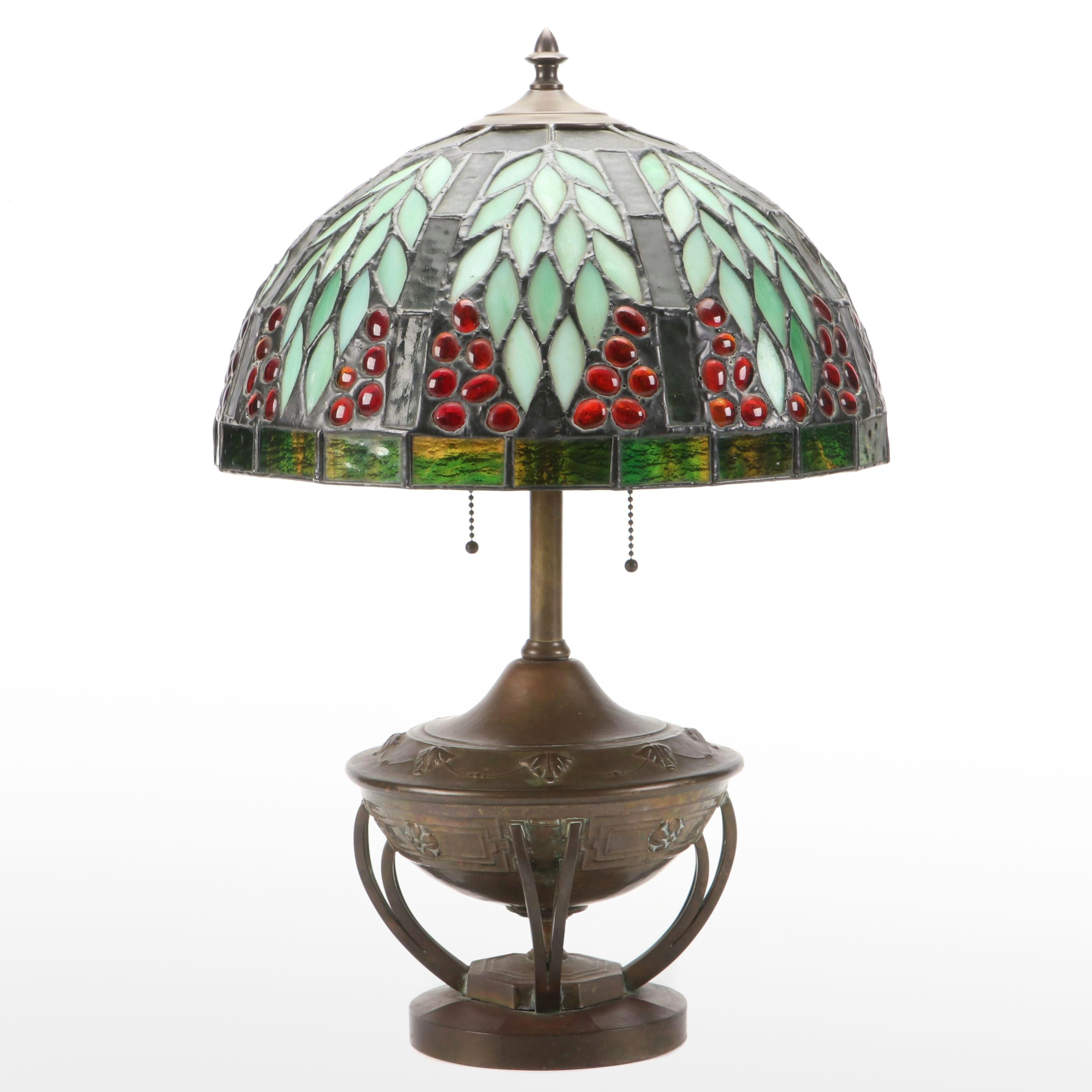 Arts and Crafts Brass Urn Table Lamp with Fruit Tree Motif Slag Glass Shade