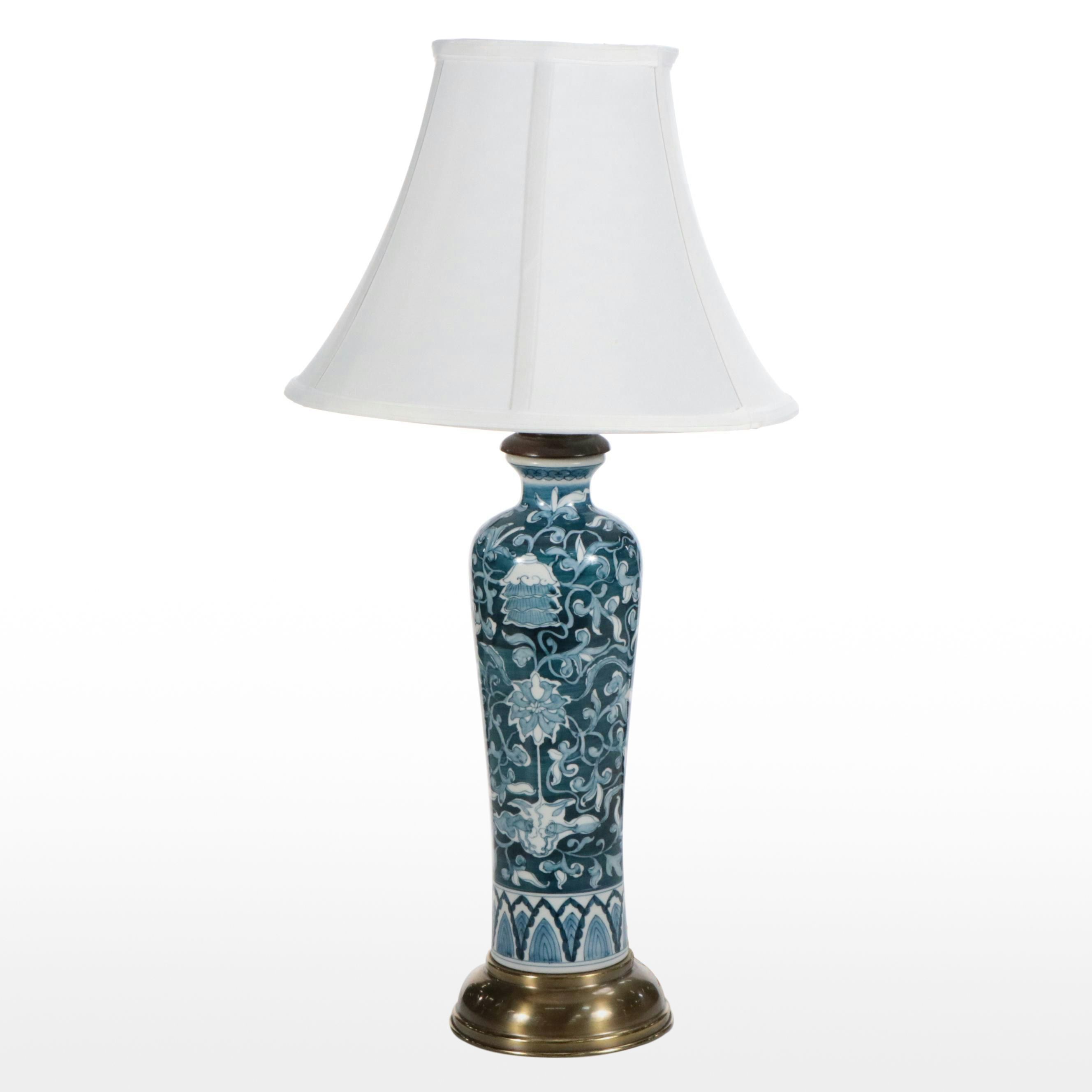 Chinese Liuyeping Blue and White Porcelain Table Lamp with Silk Shade
