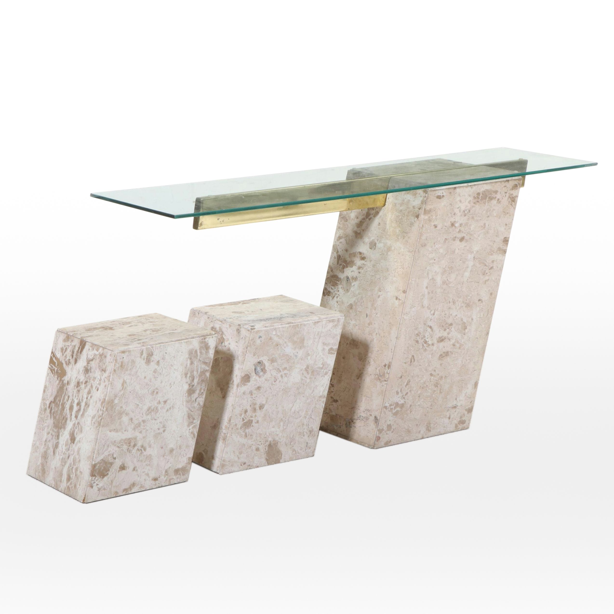 Postmodernist Glass Top Travertine Console Table and Stools, Late 20th Century