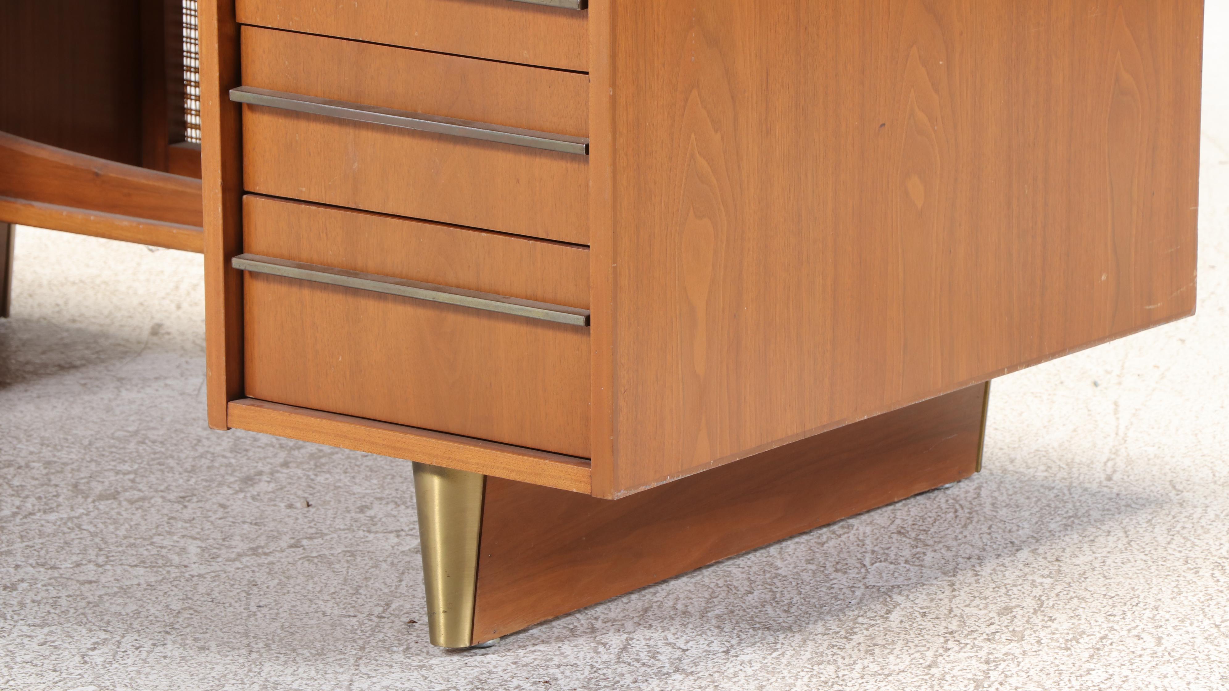 Mid Century Modern Walnut, Caned, and Brass Kneehole Desk