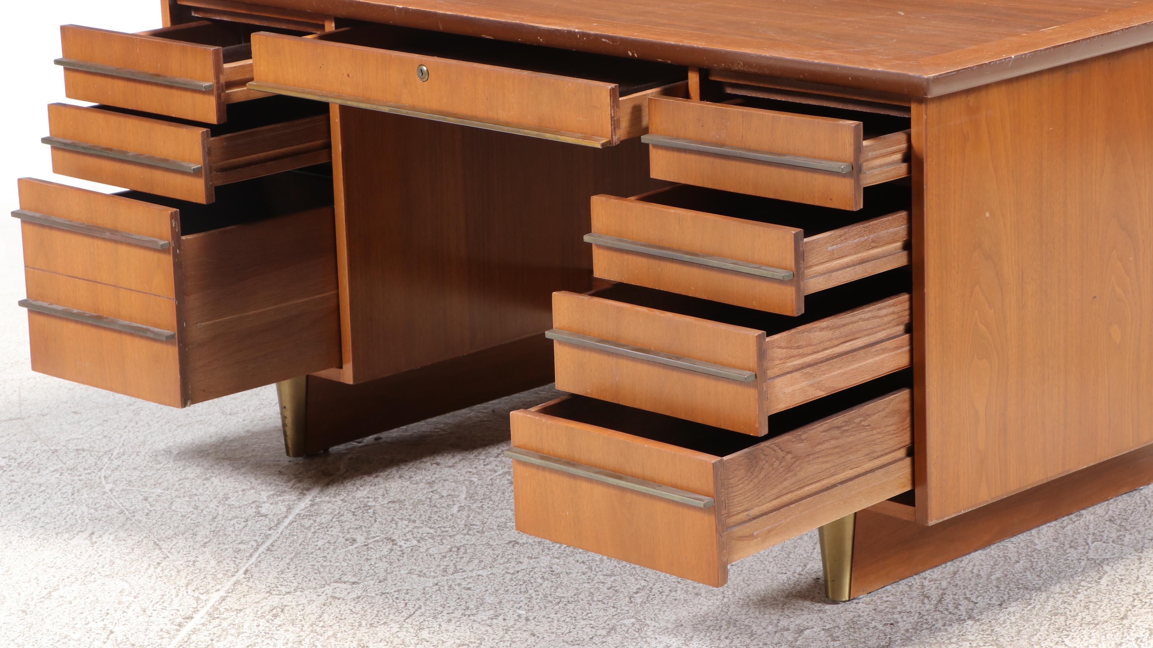 Mid Century Modern Walnut, Caned, and Brass Kneehole Desk