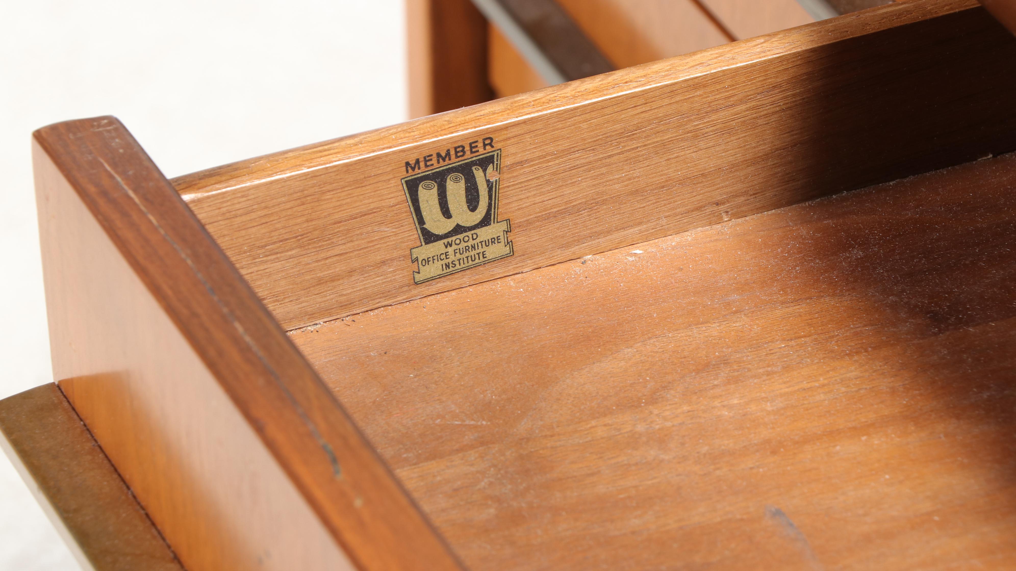 Mid Century Modern Walnut, Caned, and Brass Kneehole Desk