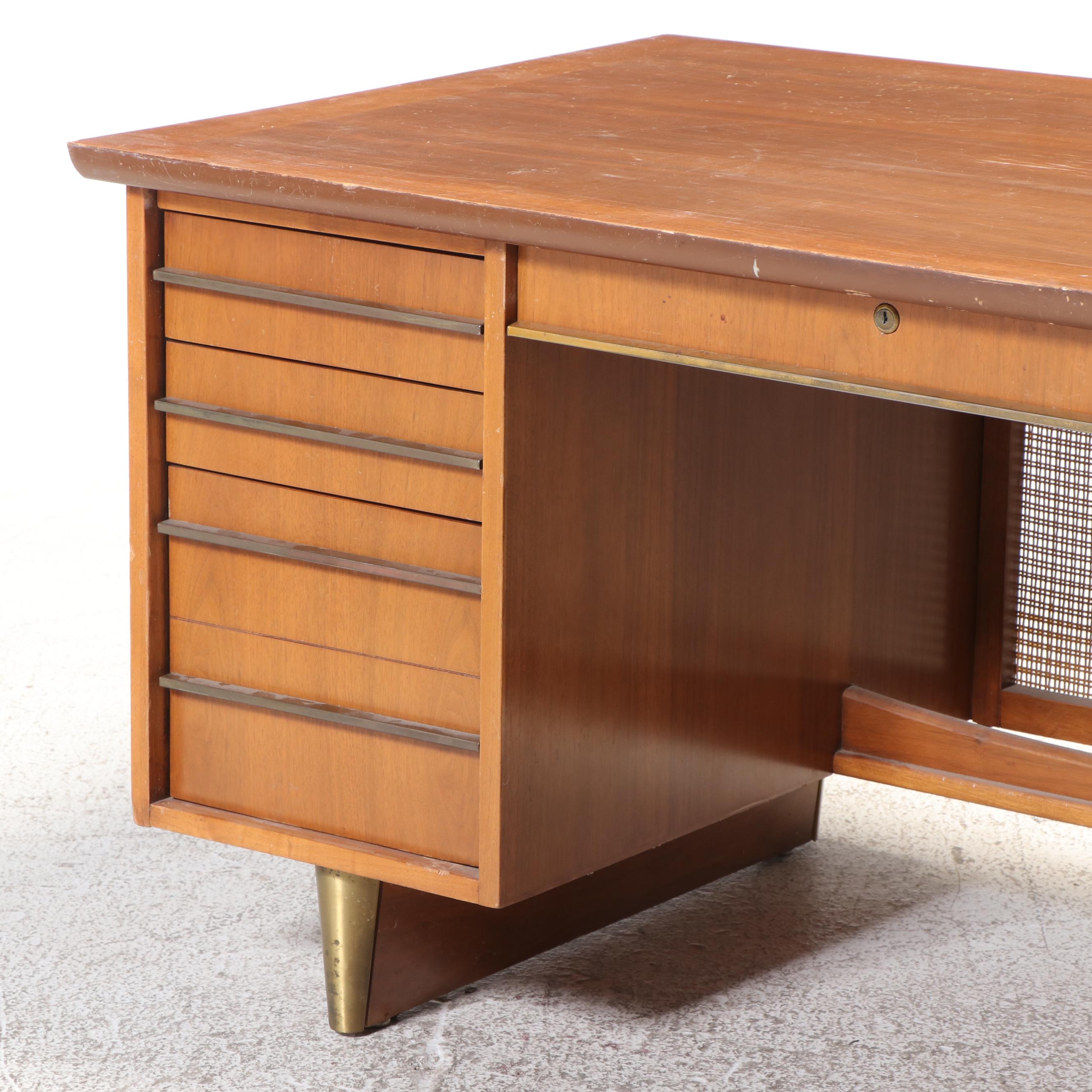 Mid Century Modern Walnut, Caned, and Brass Kneehole Desk