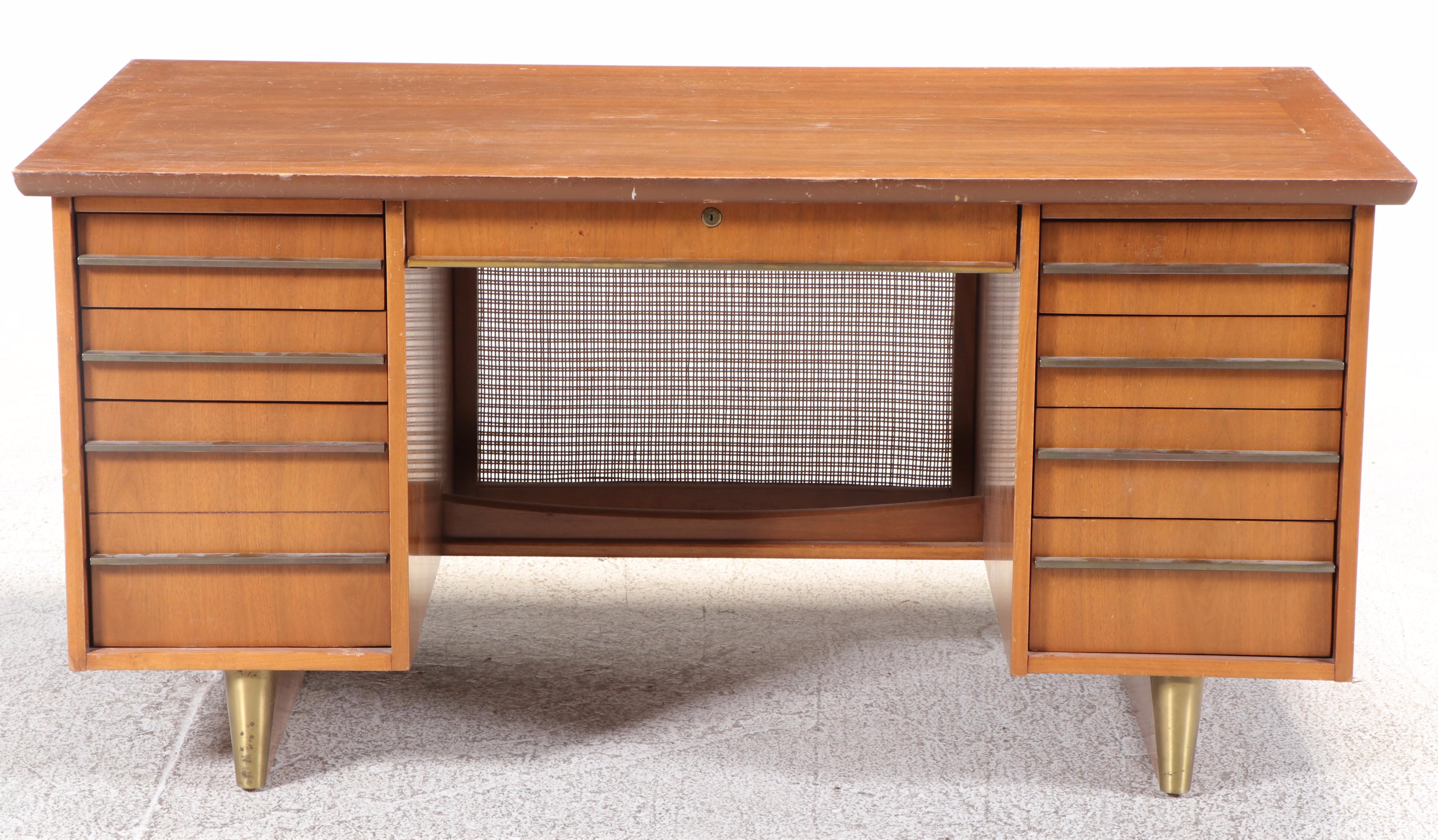 Mid Century Modern Walnut, Caned, and Brass Kneehole Desk
