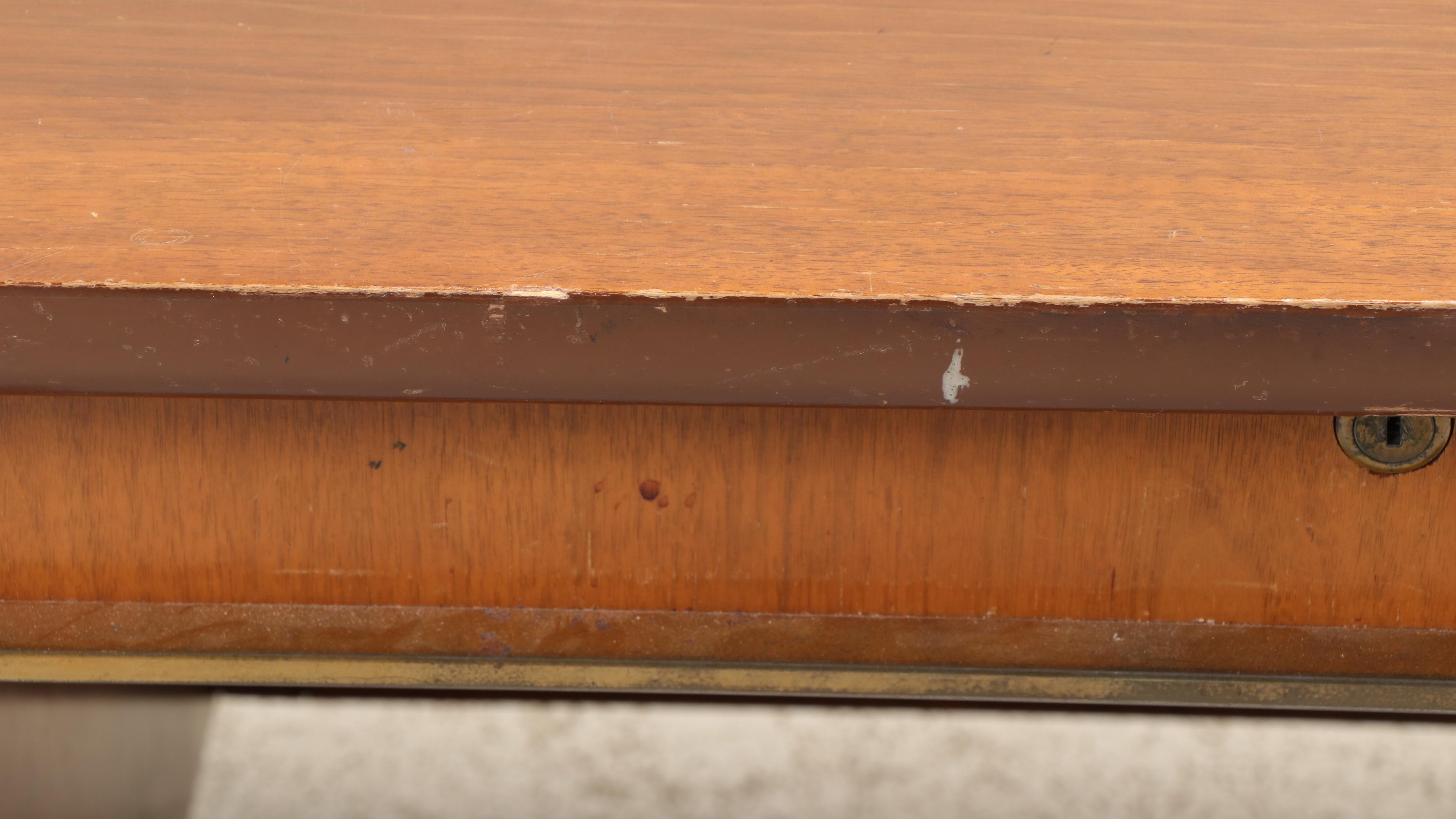 Mid Century Modern Walnut, Caned, and Brass Kneehole Desk