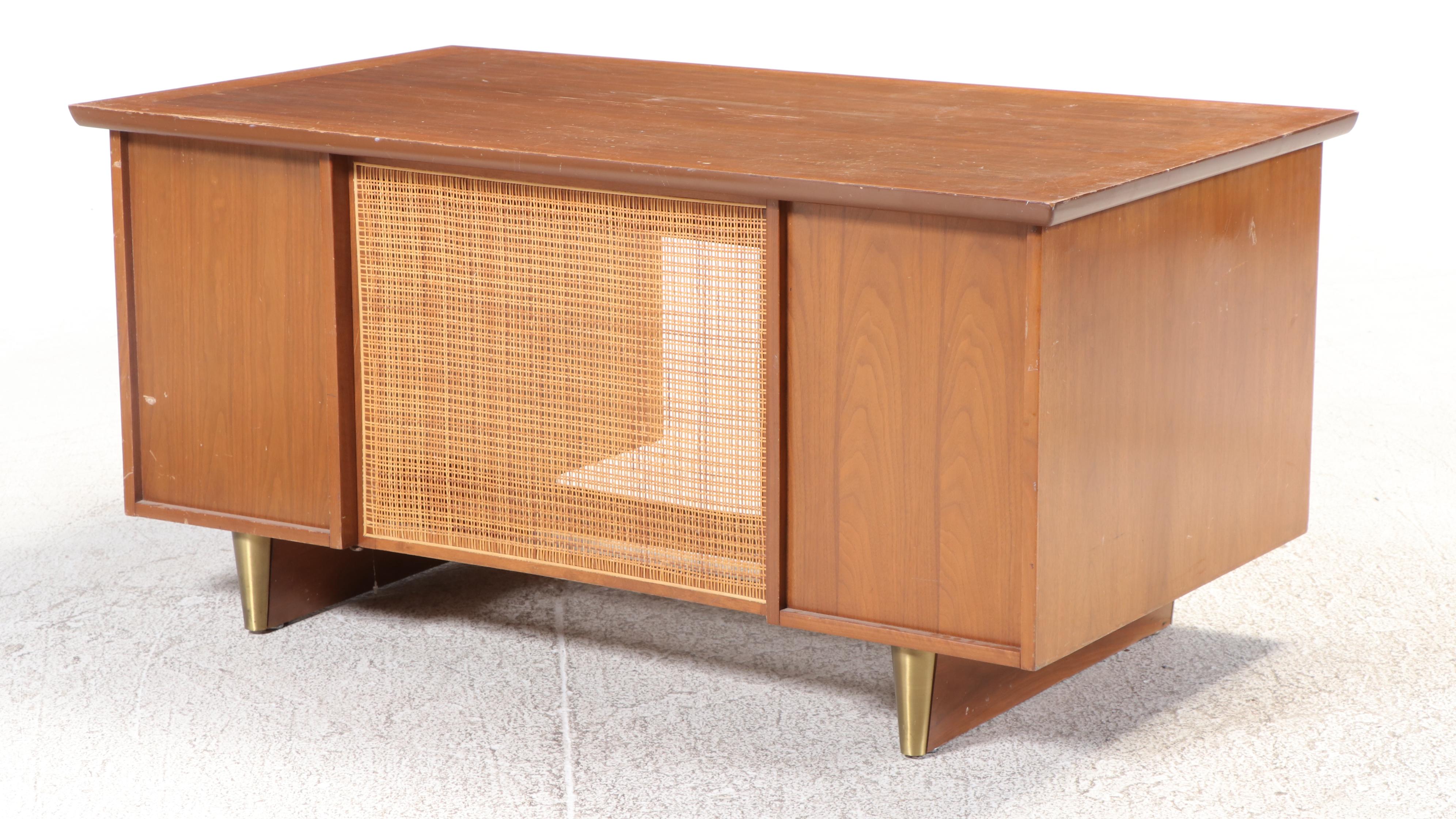 Mid Century Modern Walnut, Caned, and Brass Kneehole Desk