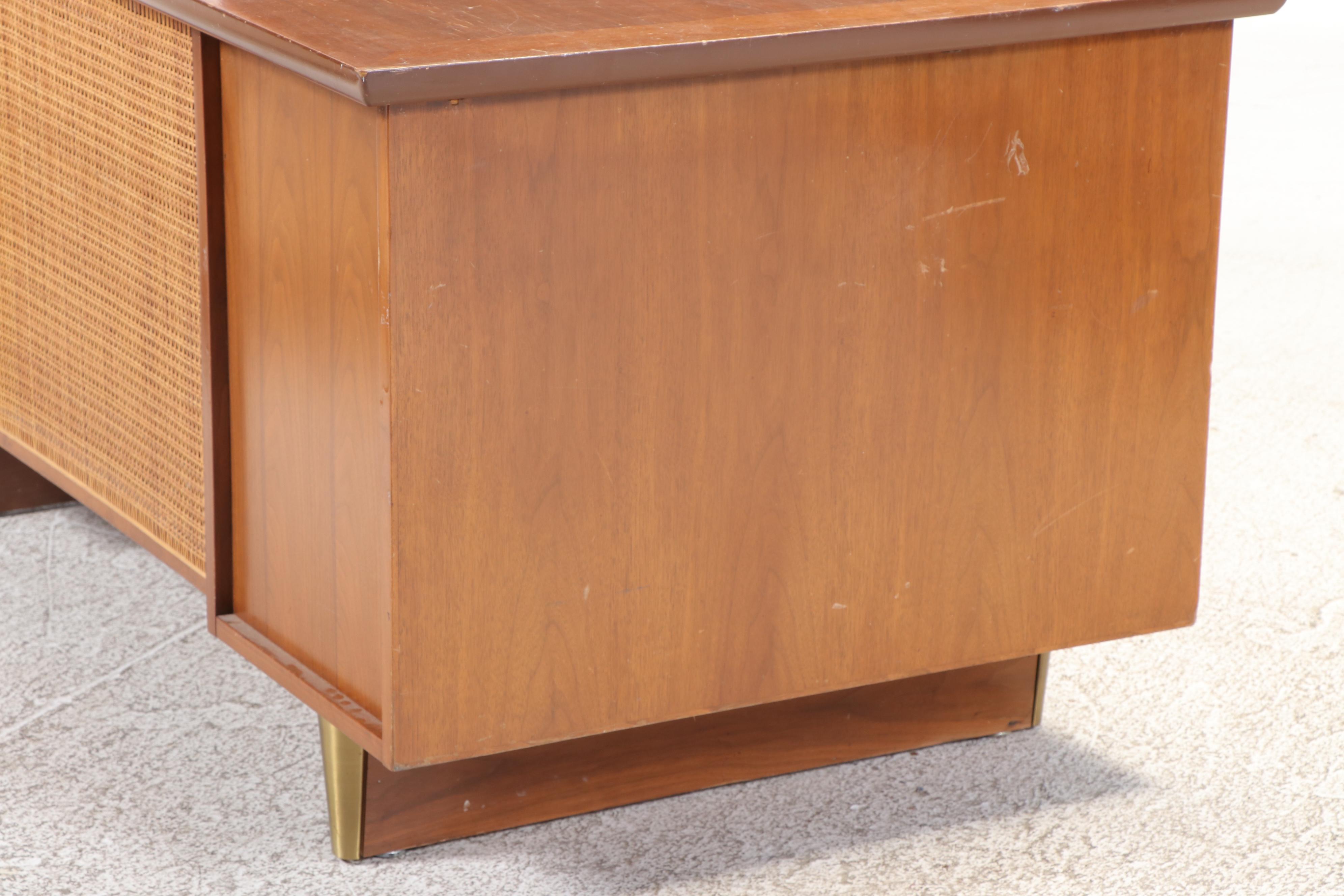 Mid Century Modern Walnut, Caned, and Brass Kneehole Desk