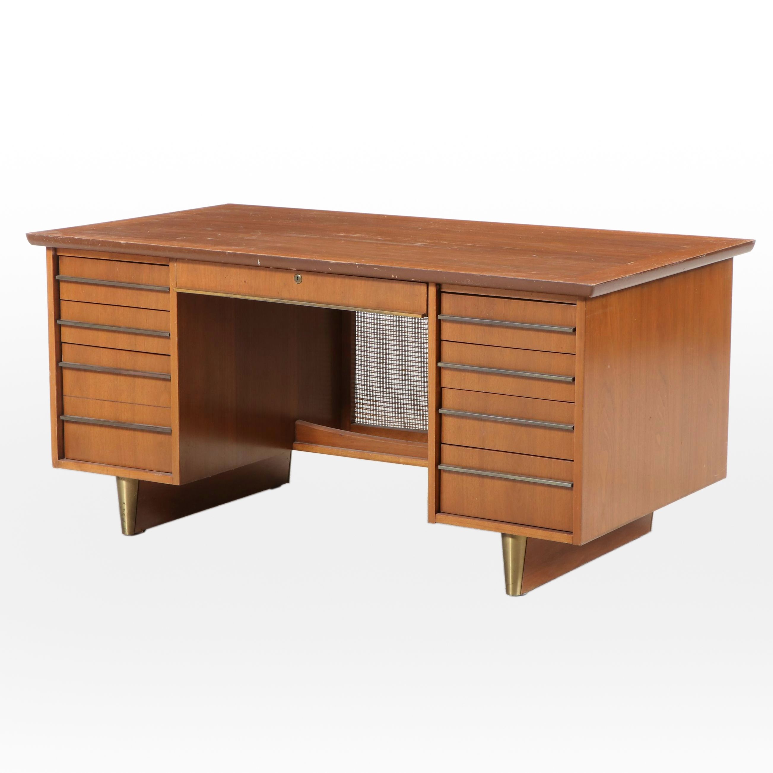 Mid Century Modern Walnut, Caned, and Brass Kneehole Desk