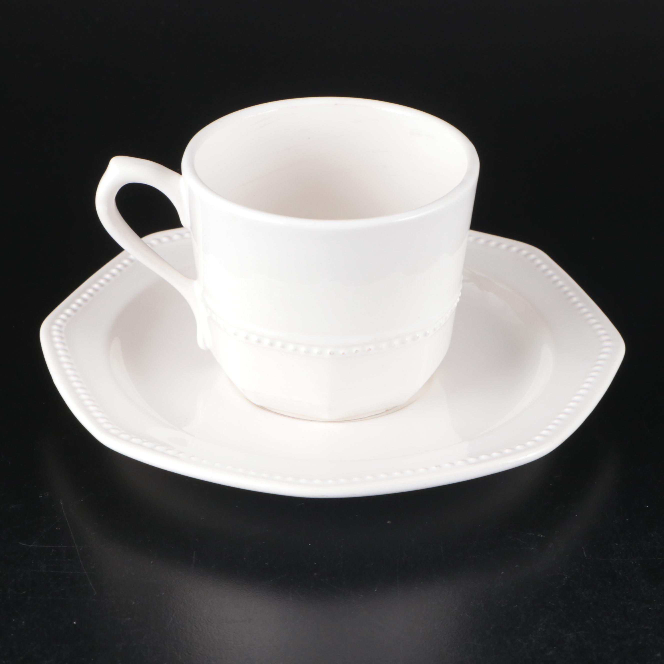 French Longchamp White Ceramic Dinnerware with Beaded Trim