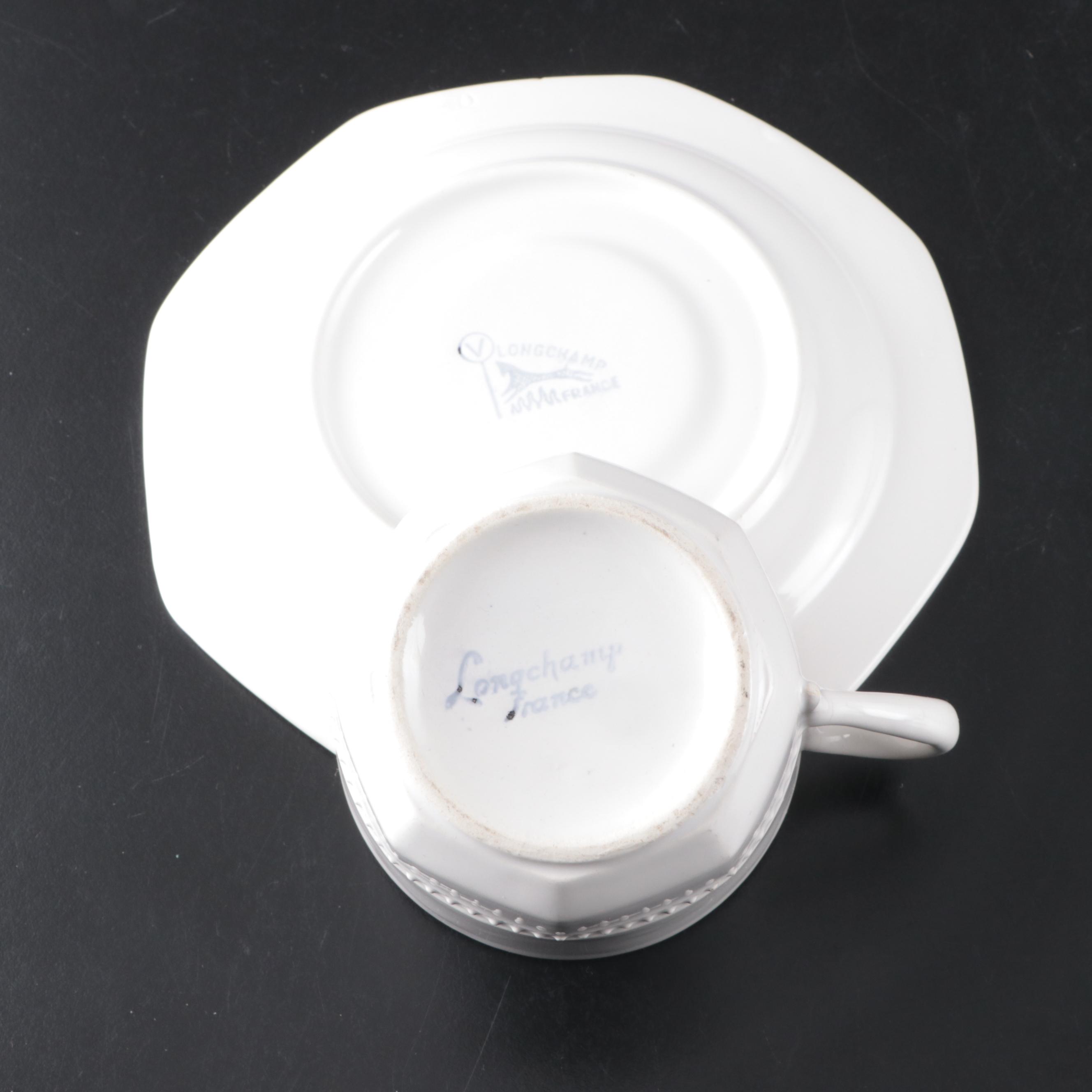 French Longchamp White Ceramic Dinnerware with Beaded Trim