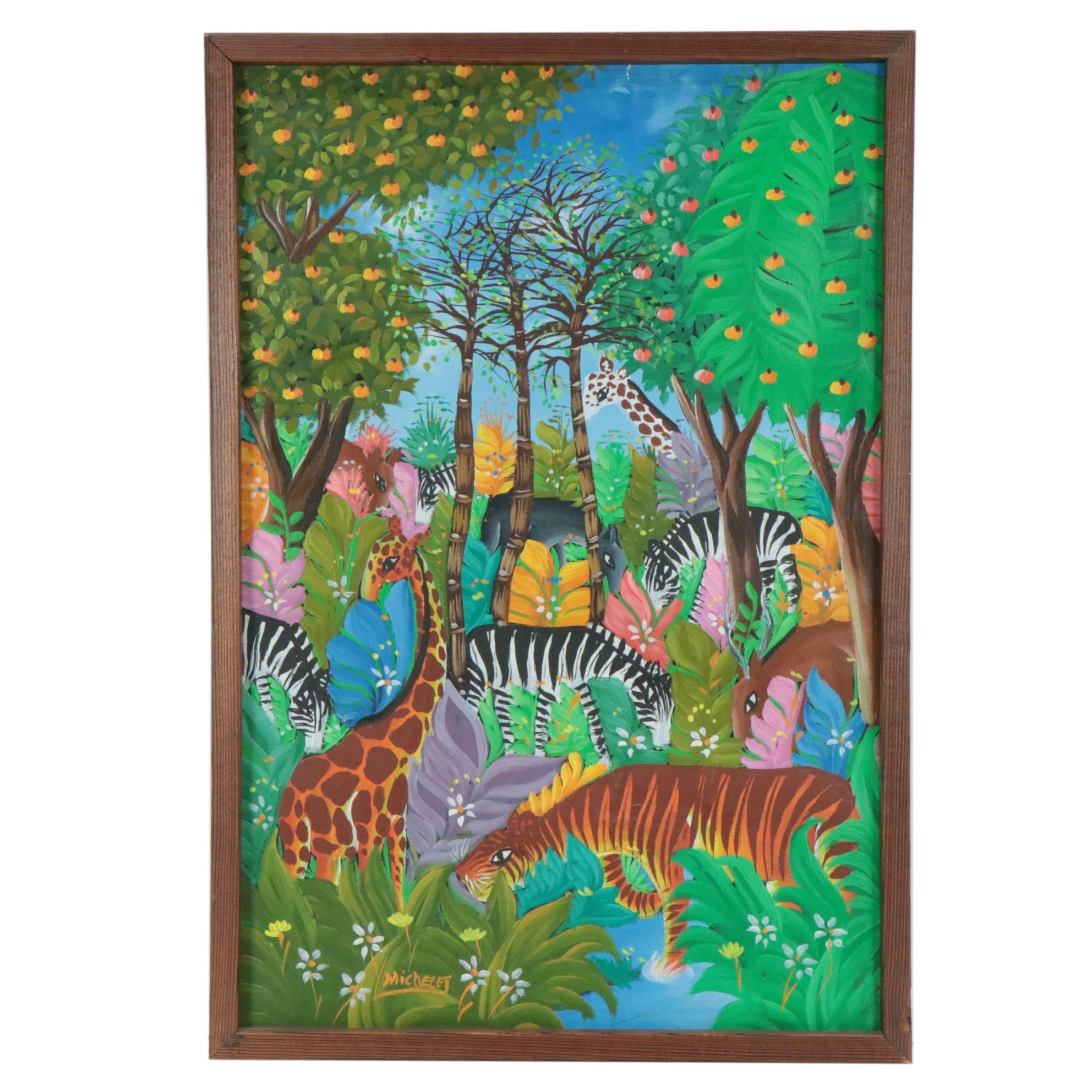 Haitian School Folk Art Acrylic Painting of Jungle Scene