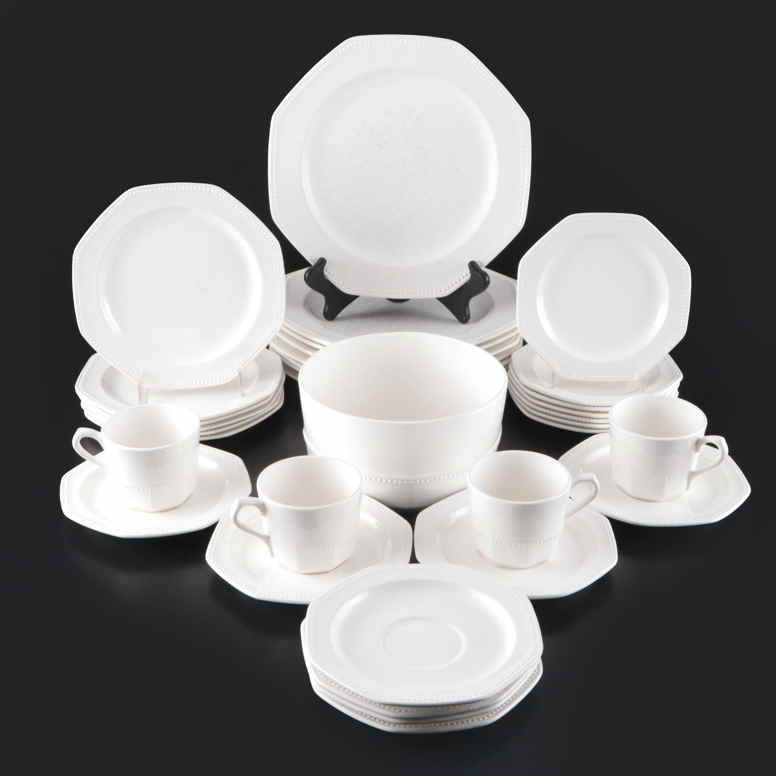 French Longchamp White Ceramic Dinnerware with Beaded Trim