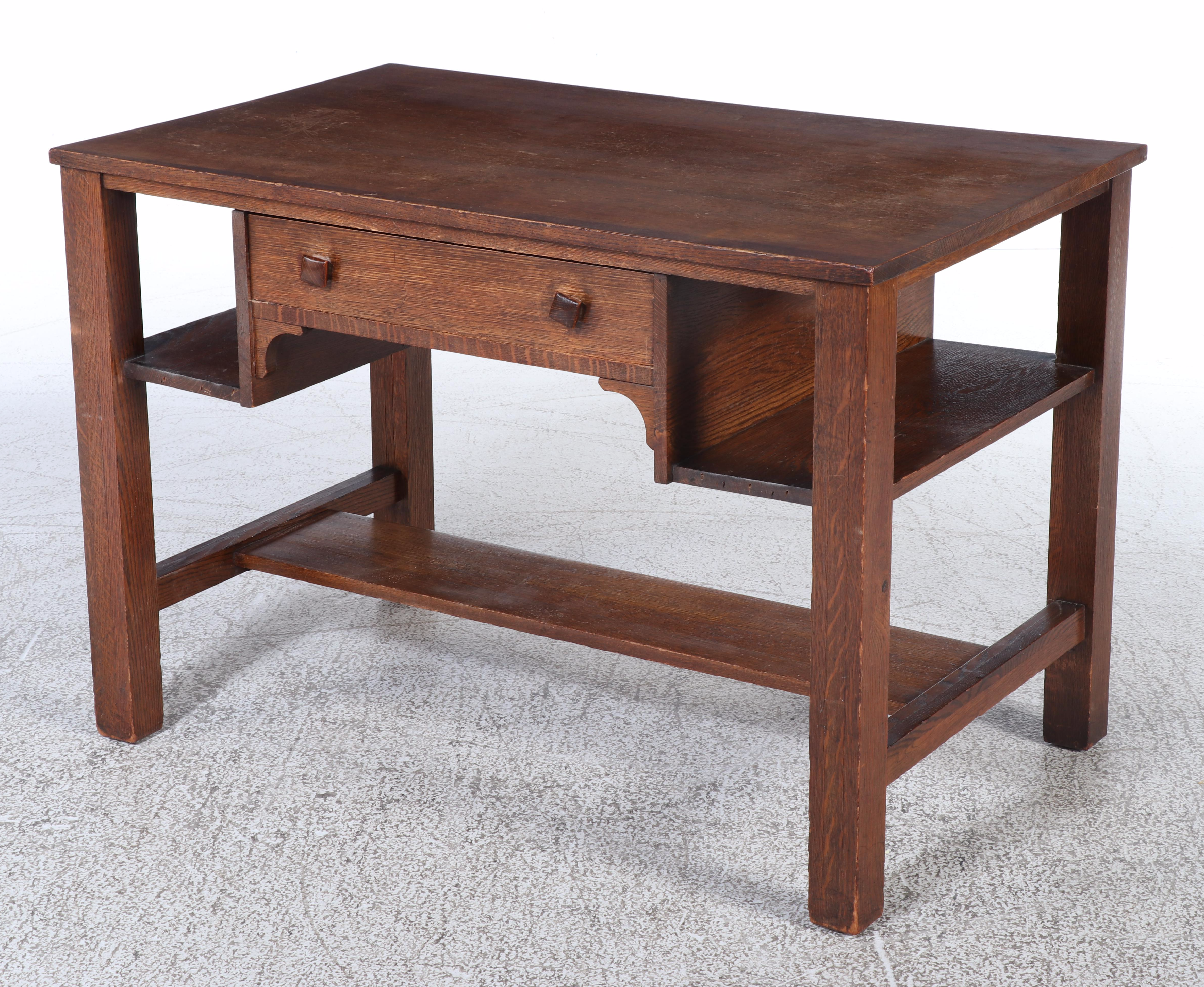 Arts and Crafts Quartersawn Oak Library Table w/ Taylor Chair Co. Maple Armchair