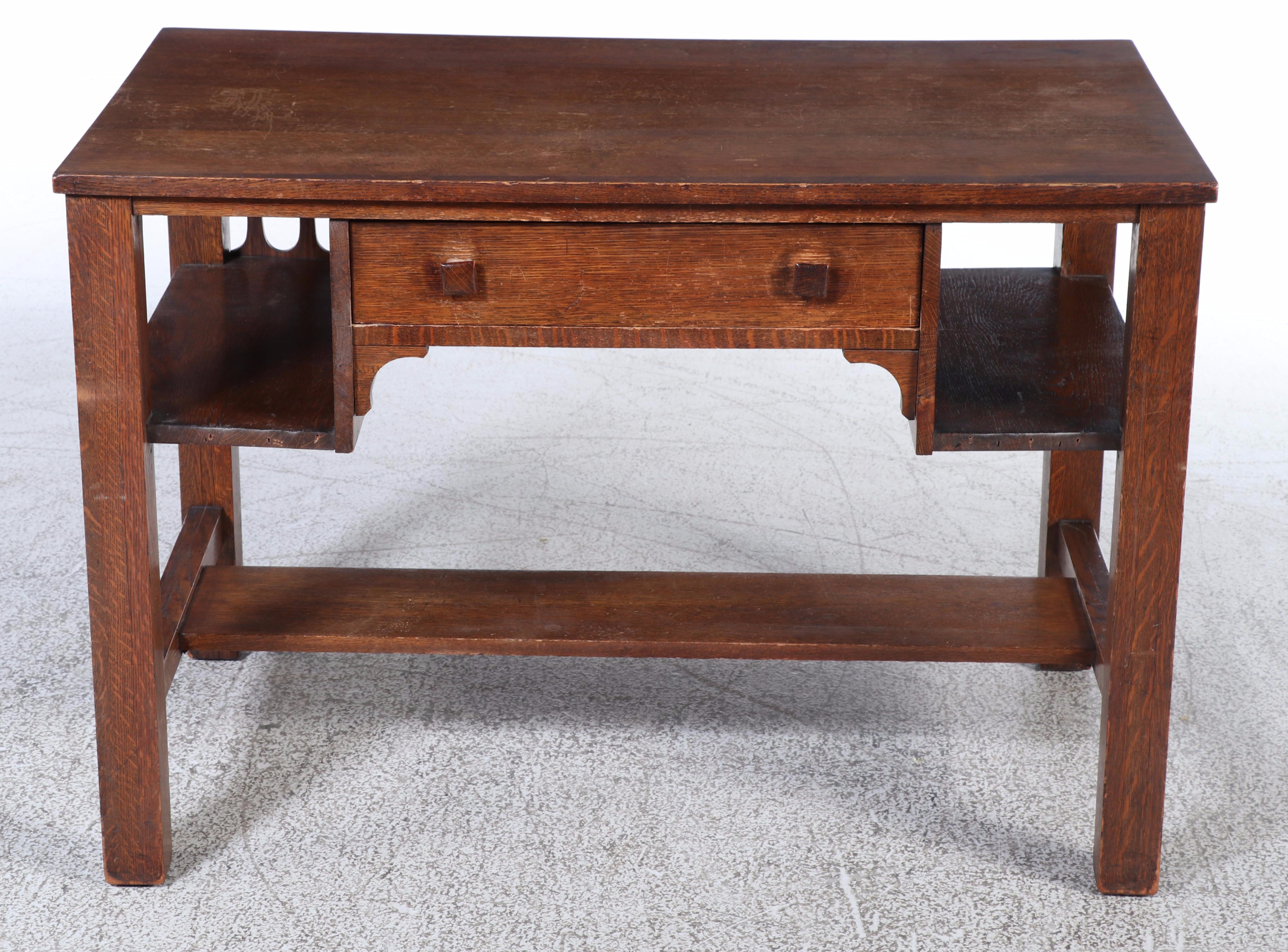 Arts and Crafts Quartersawn Oak Library Table w/ Taylor Chair Co. Maple Armchair