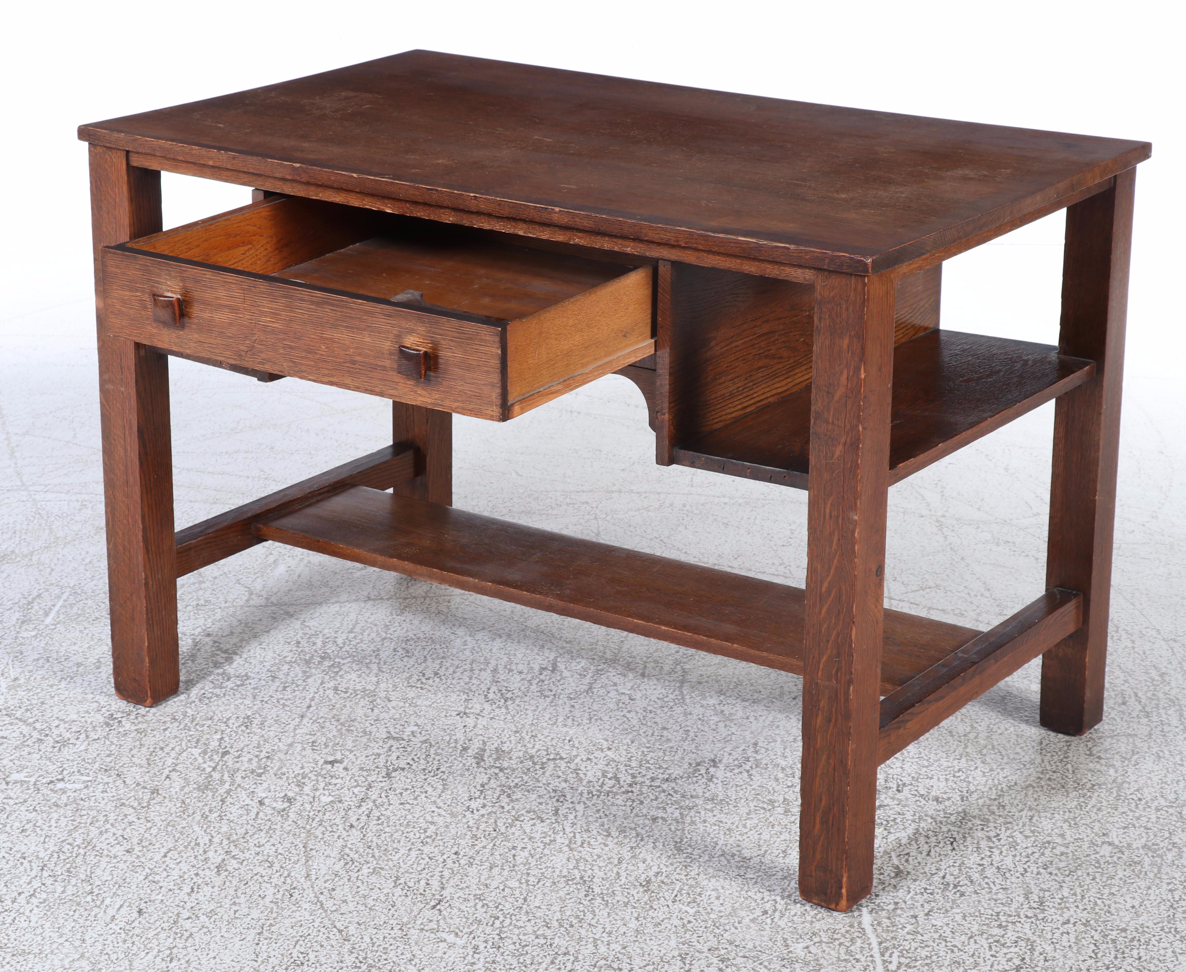 Arts and Crafts Quartersawn Oak Library Table w/ Taylor Chair Co. Maple Armchair