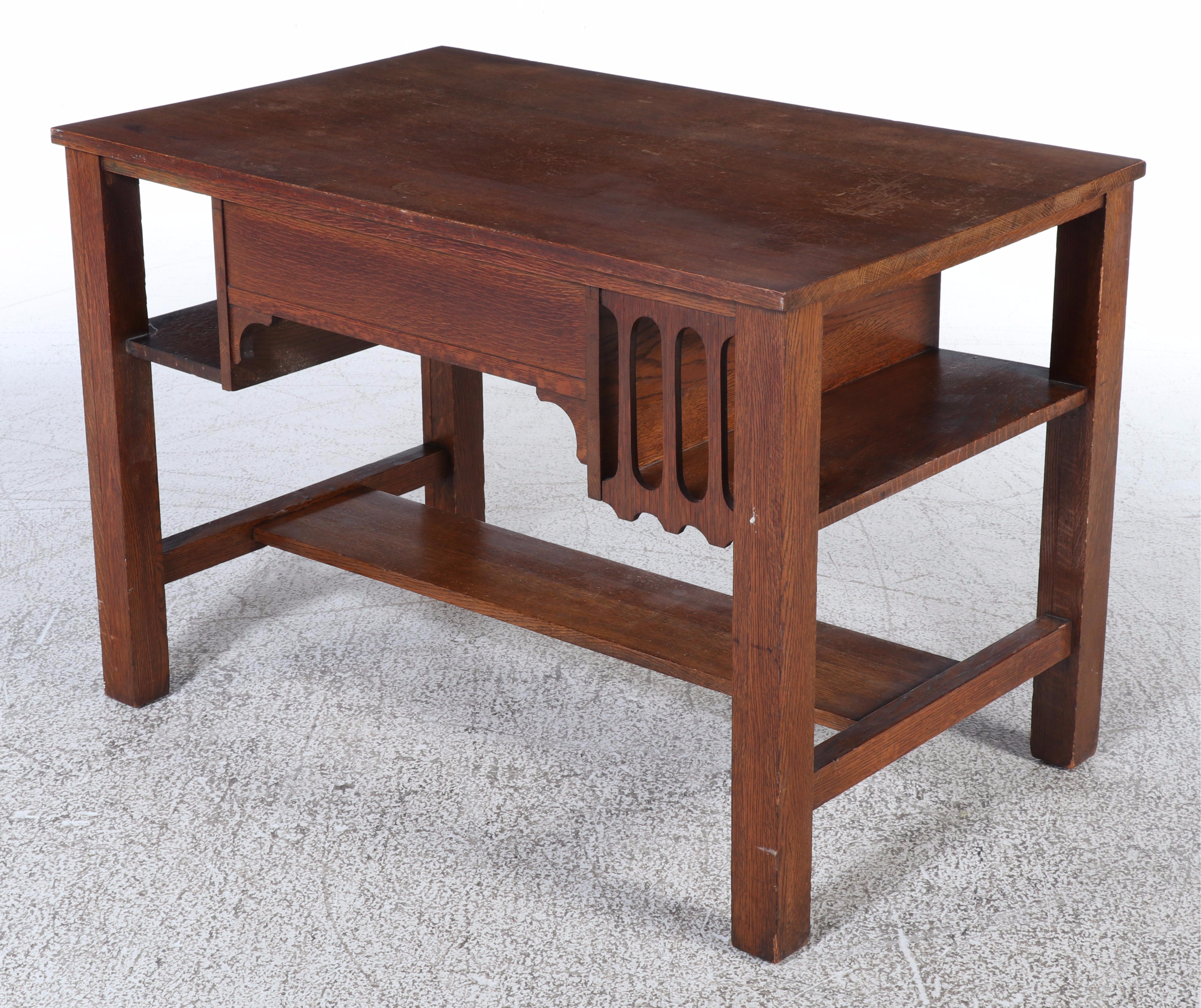 Arts and Crafts Quartersawn Oak Library Table w/ Taylor Chair Co. Maple Armchair