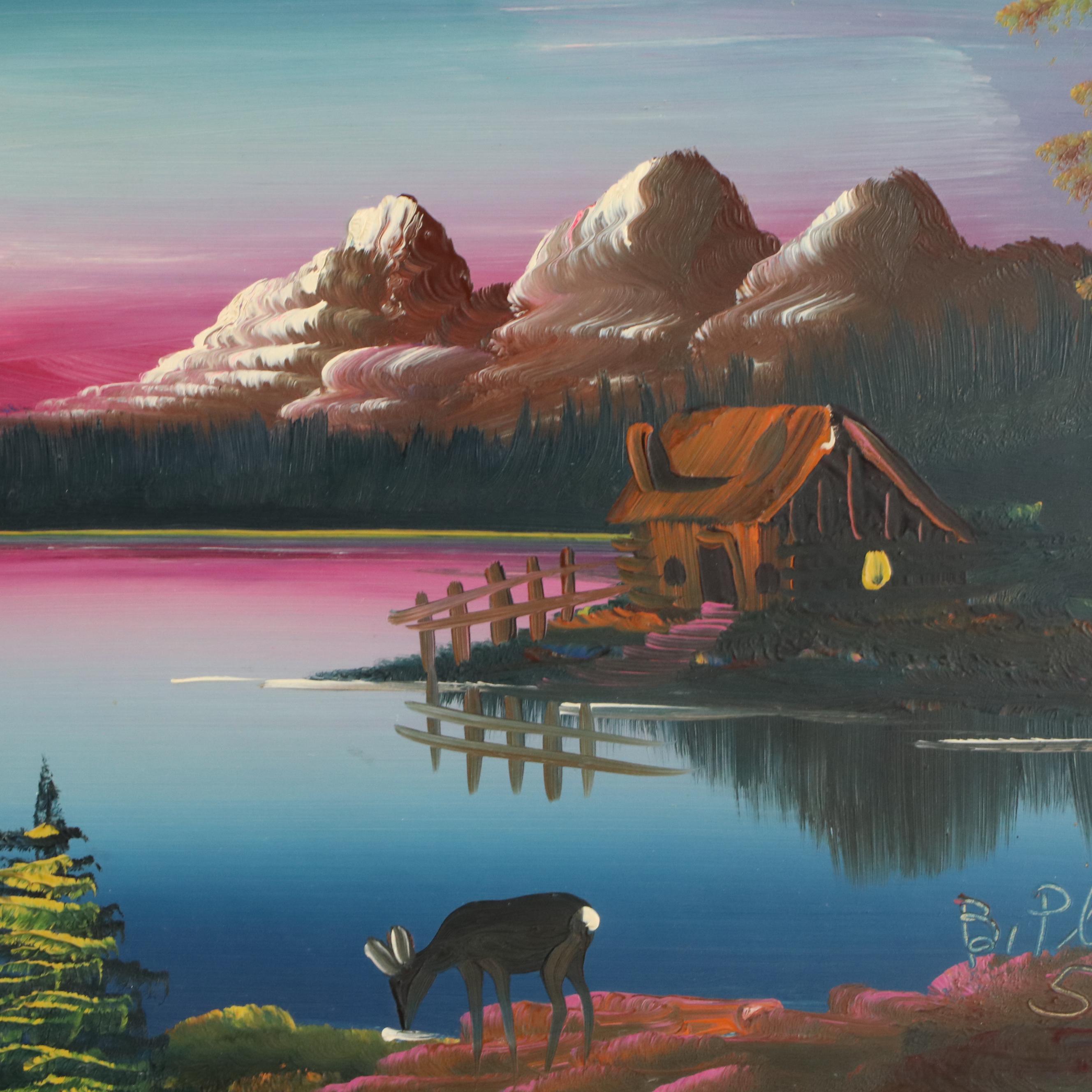 Burnette G. Pletan Idyllic Mountainous Lake Scene Oil Painting, 1955