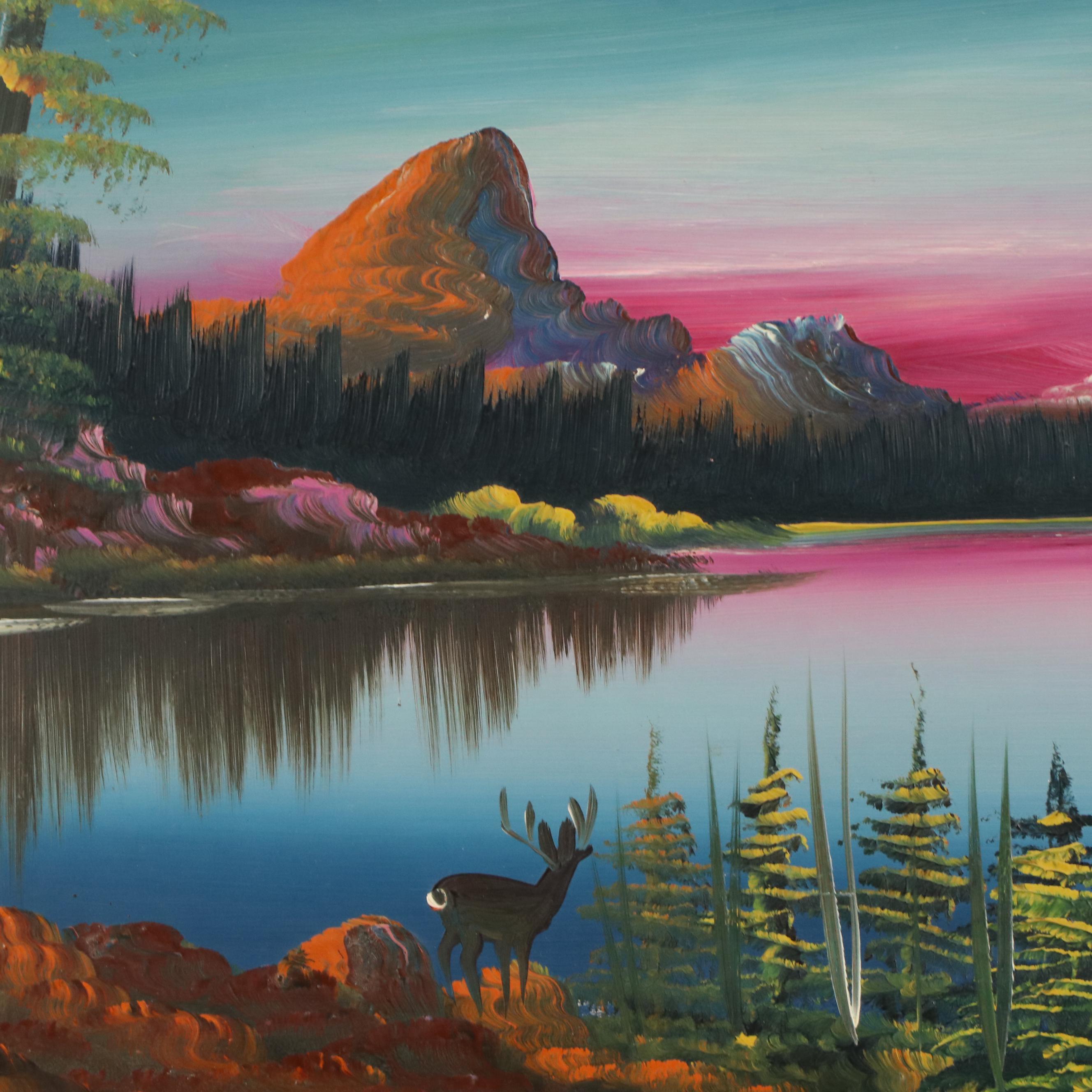 Burnette G. Pletan Idyllic Mountainous Lake Scene Oil Painting, 1955