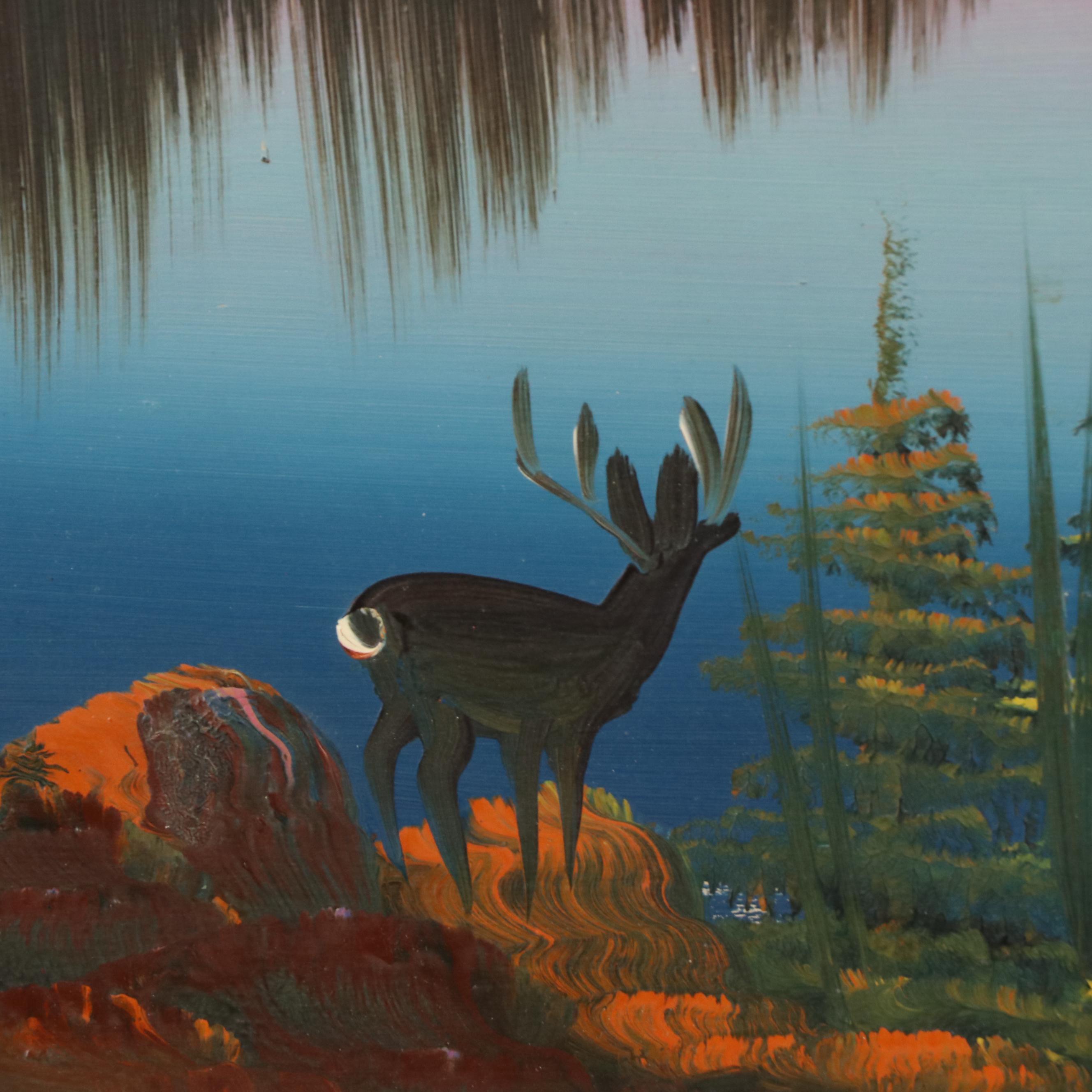 Burnette G. Pletan Idyllic Mountainous Lake Scene Oil Painting, 1955