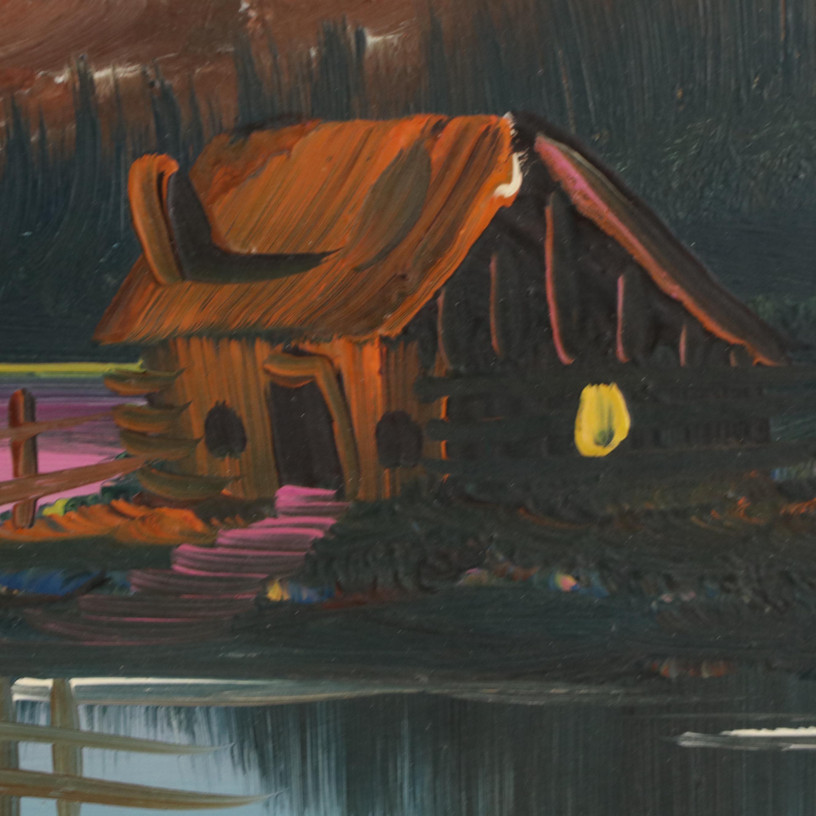 Burnette G. Pletan Idyllic Mountainous Lake Scene Oil Painting, 1955