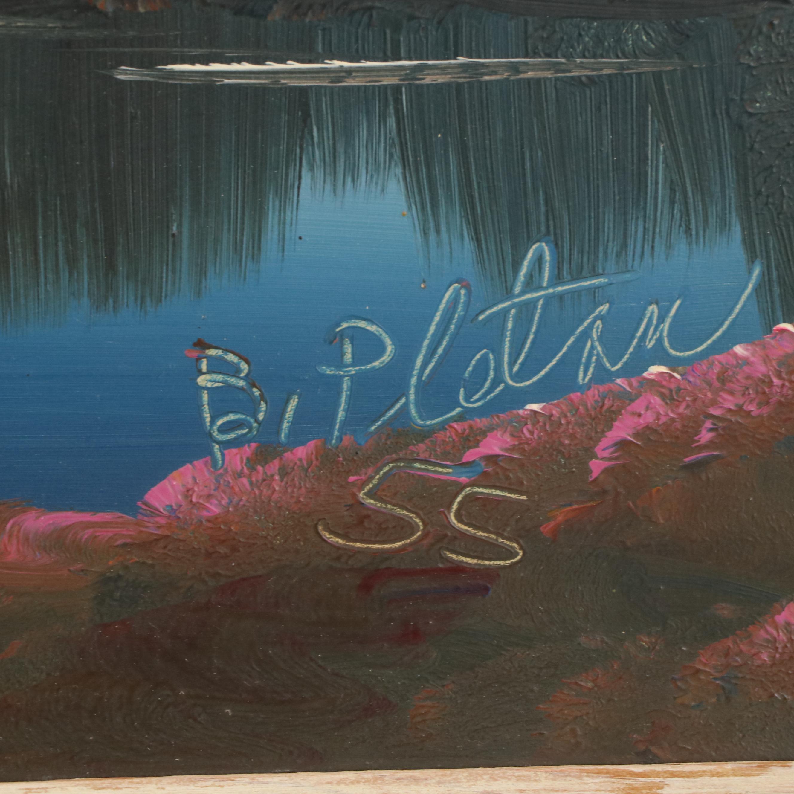 Burnette G. Pletan Idyllic Mountainous Lake Scene Oil Painting, 1955