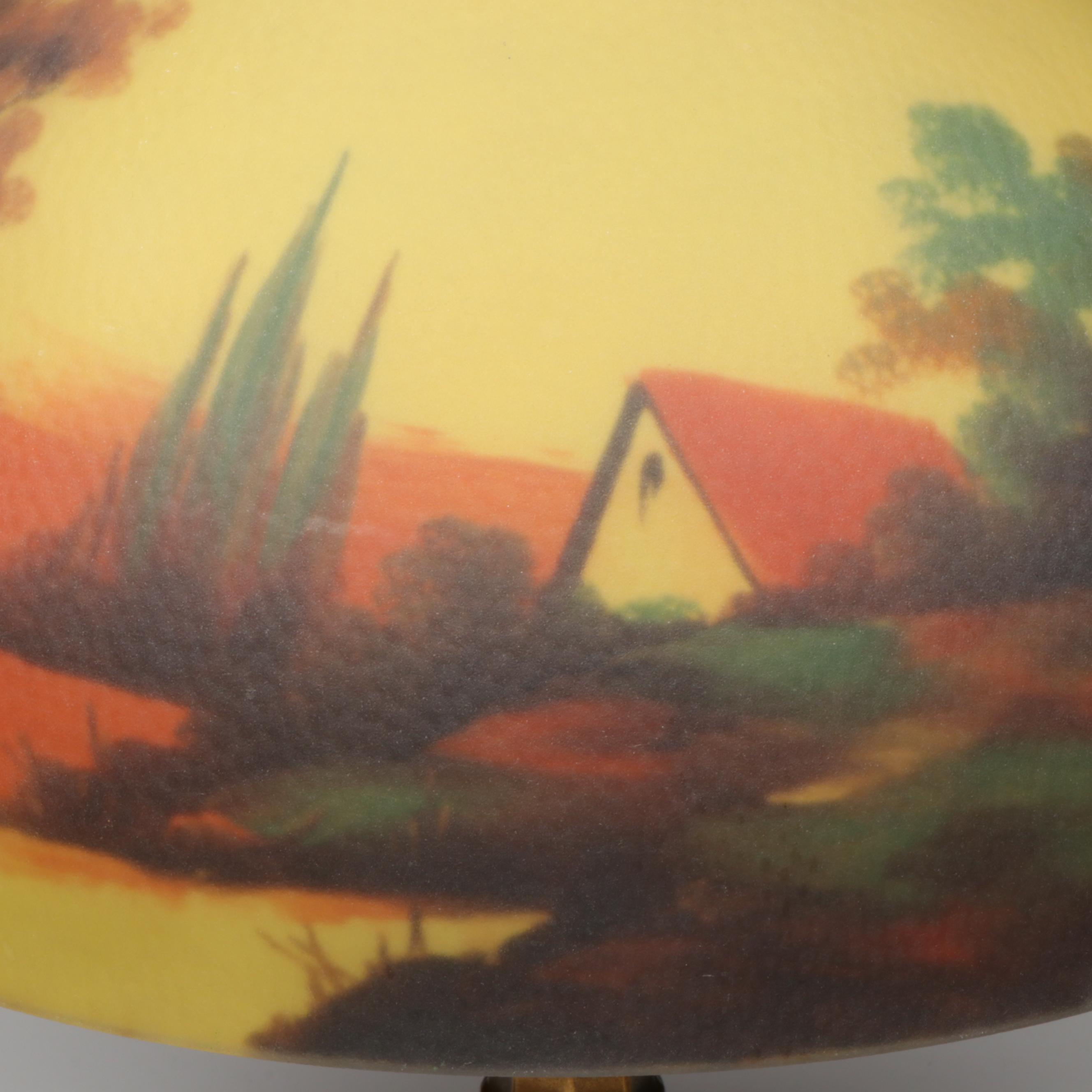 Jefferson Lamp Company Reverse Painted Glass Shade on Cast Metal Table Lamp