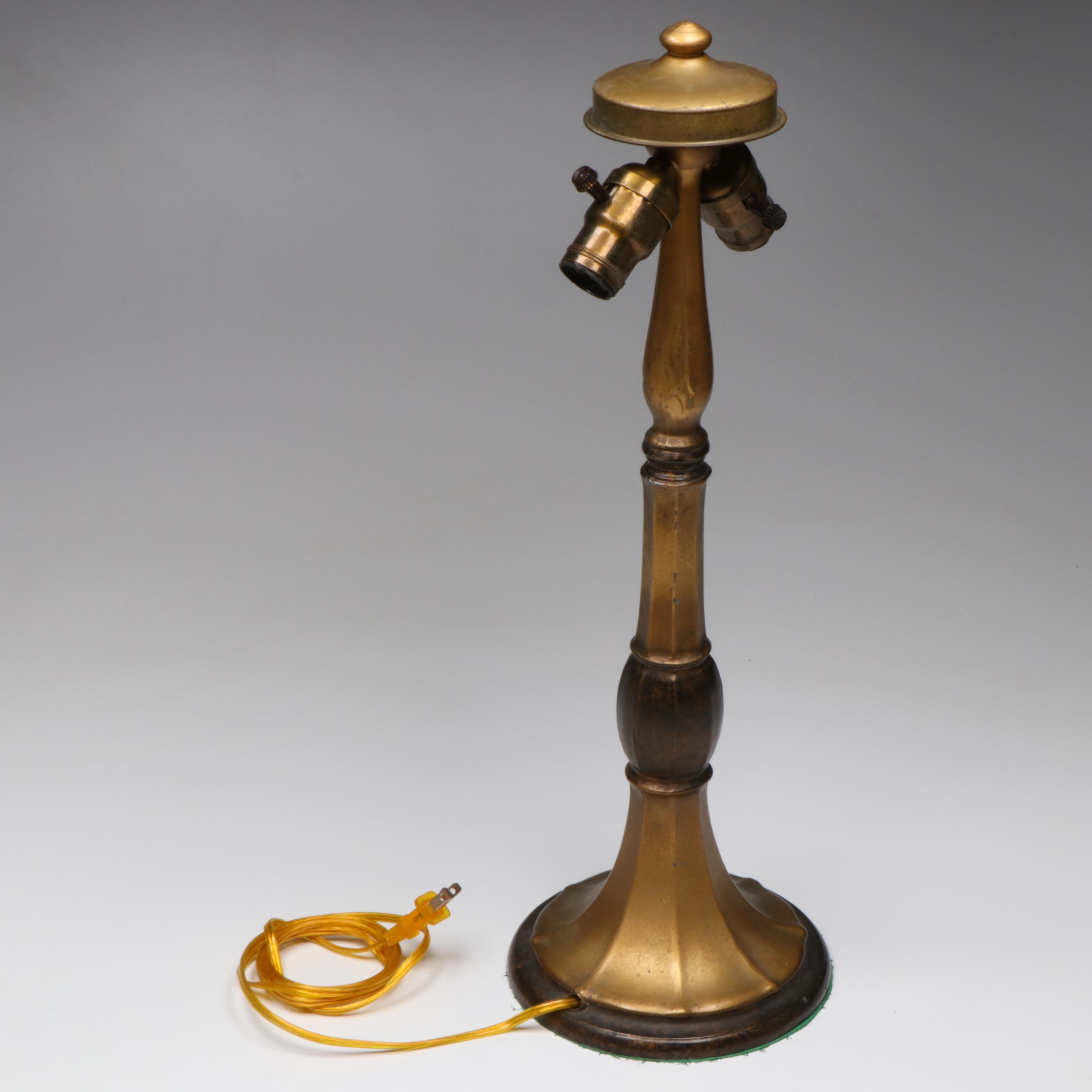 Jefferson Lamp Company Reverse Painted Glass Shade on Cast Metal Table Lamp