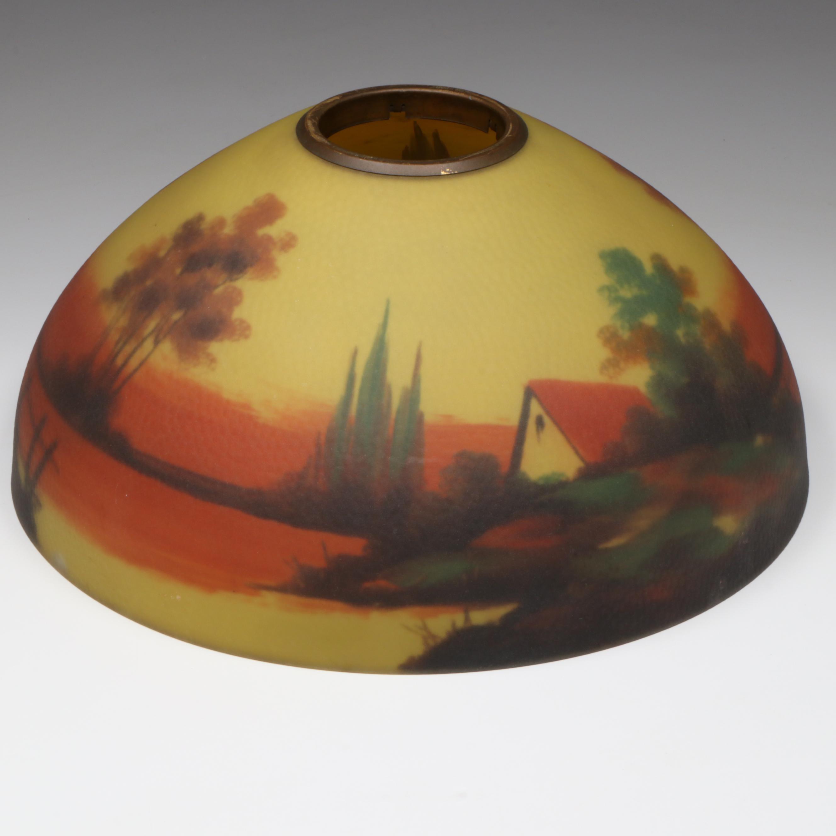Jefferson Lamp Company Reverse Painted Glass Shade on Cast Metal Table Lamp