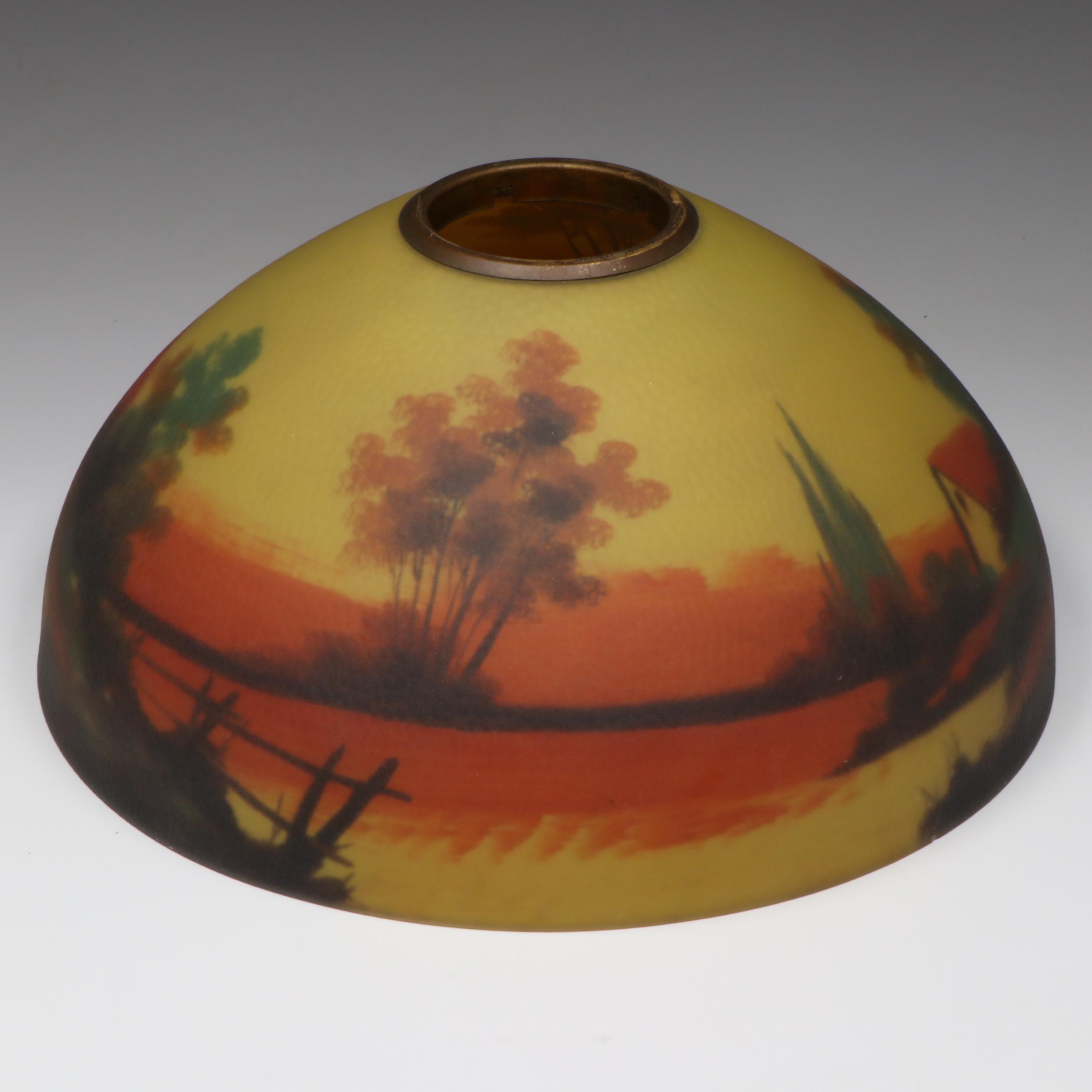 Jefferson Lamp Company Reverse Painted Glass Shade on Cast Metal Table Lamp