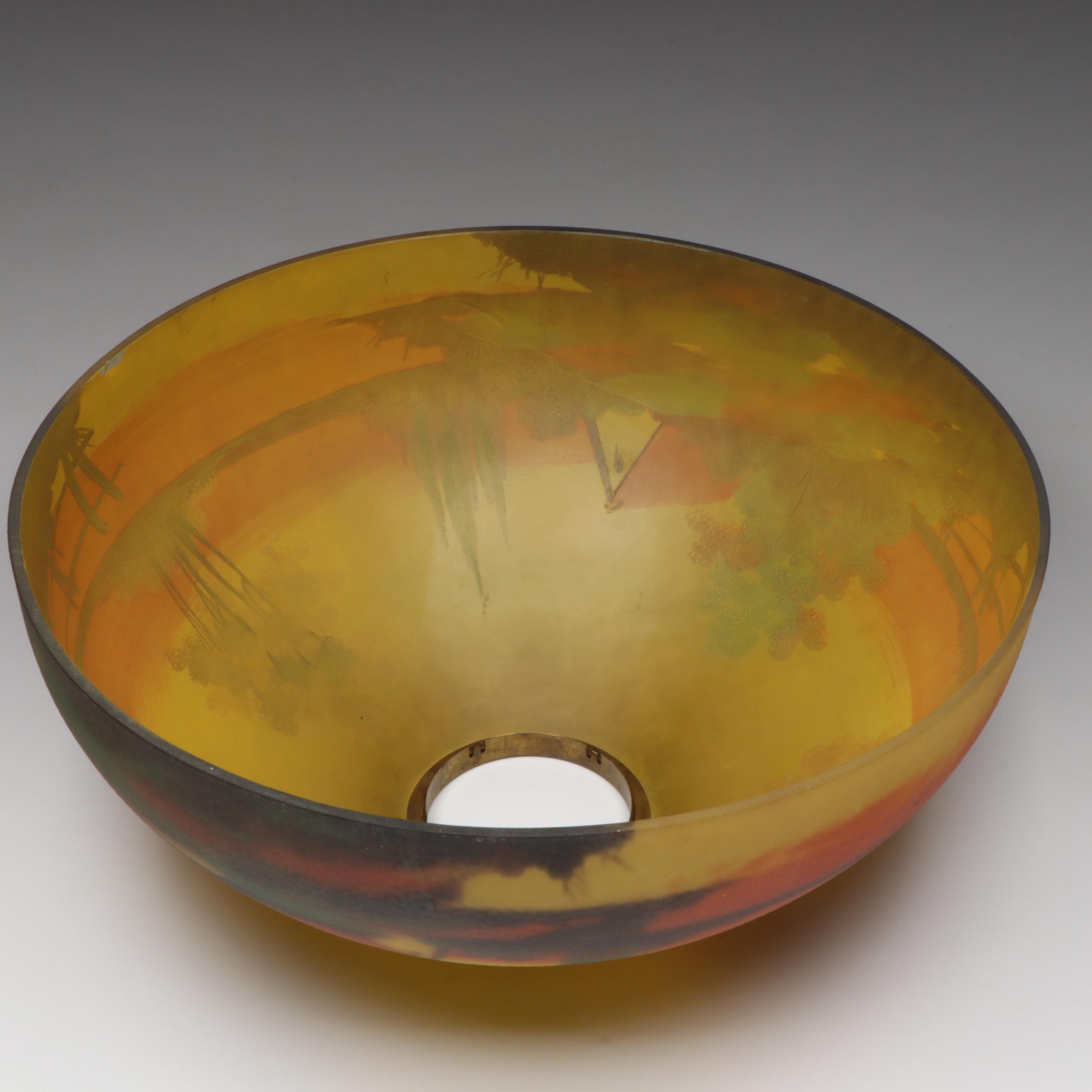 Jefferson Lamp Company Reverse Painted Glass Shade on Cast Metal Table Lamp