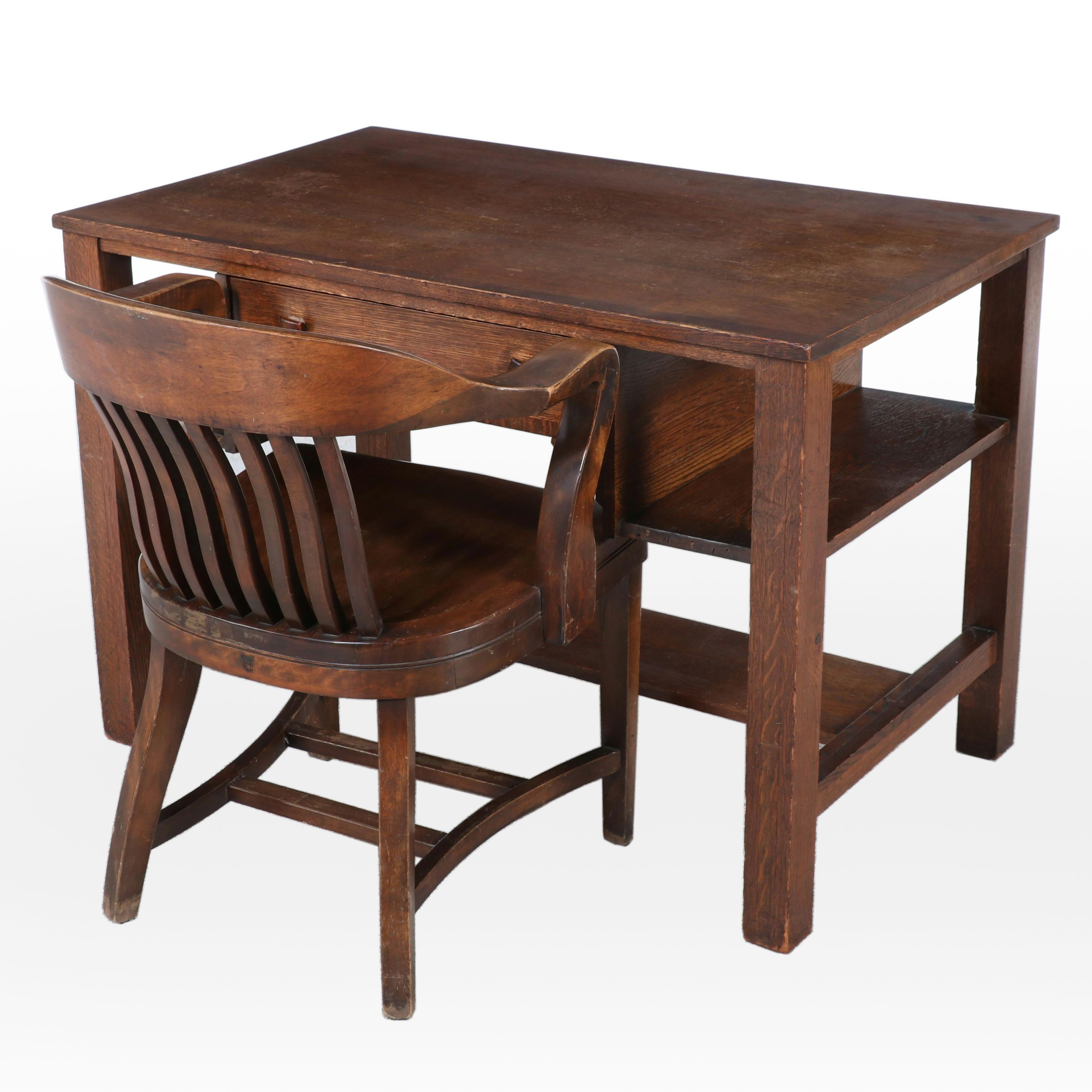 Arts and Crafts Quartersawn Oak Library Table w/ Taylor Chair Co. Maple Armchair