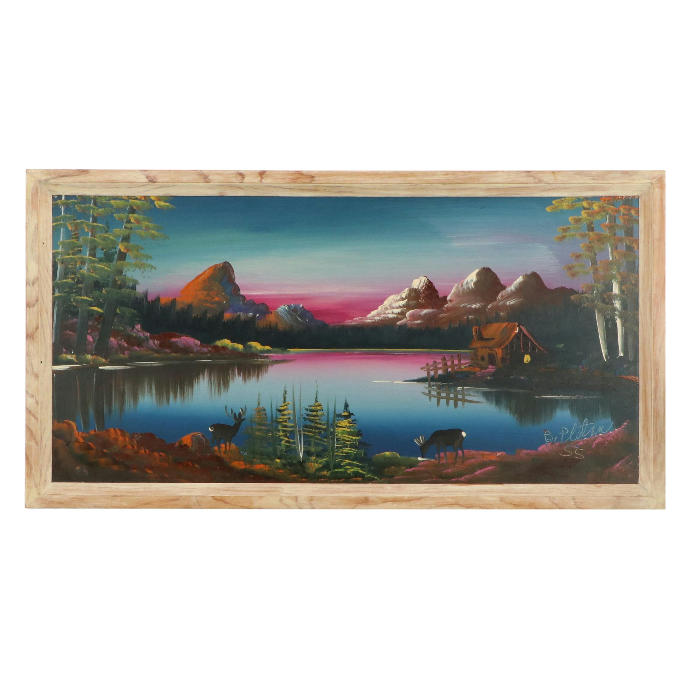 Burnette G. Pletan Idyllic Mountainous Lake Scene Oil Painting, 1955
