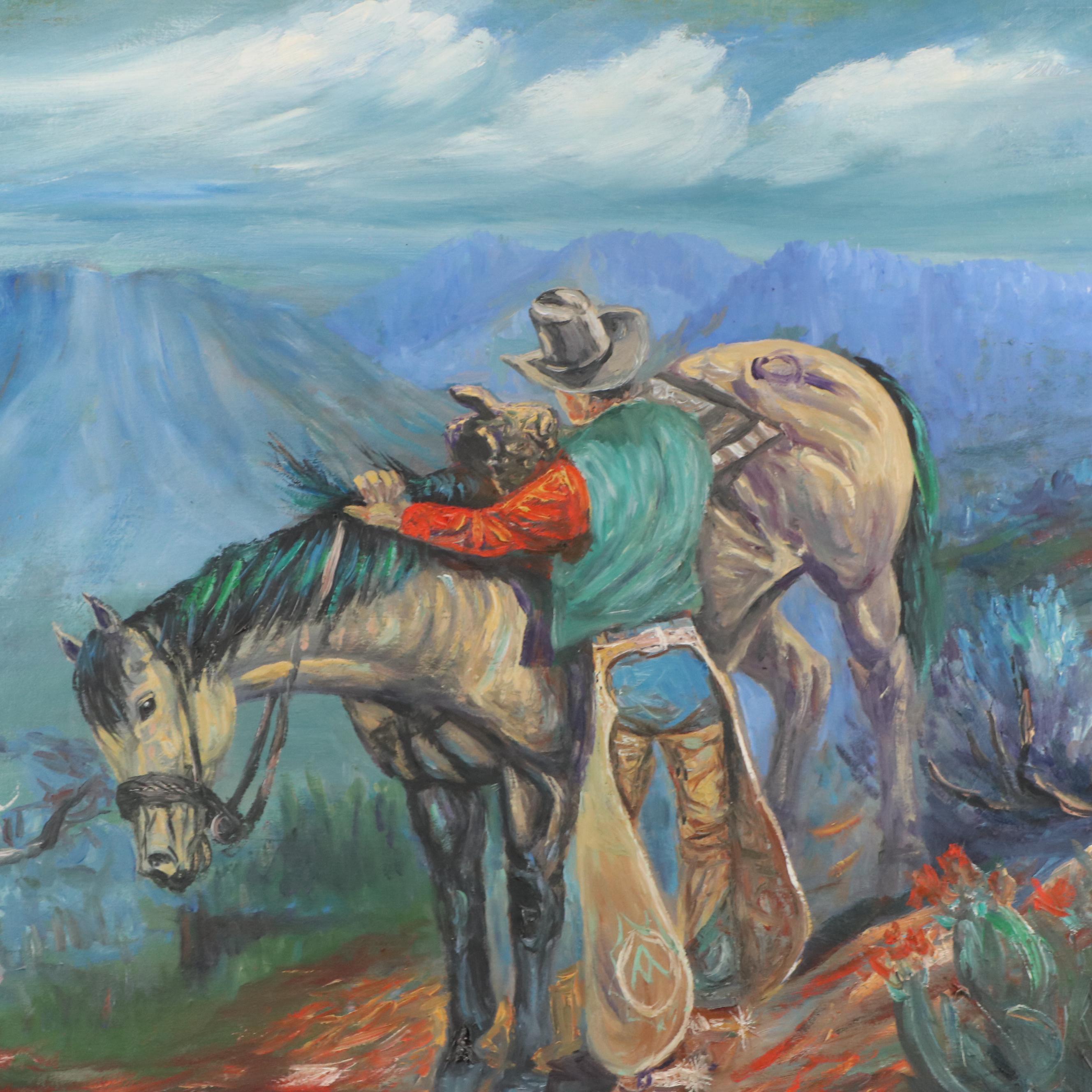 M. G. Henderson Western Landscape Oil Painting of Man Saddling Horse