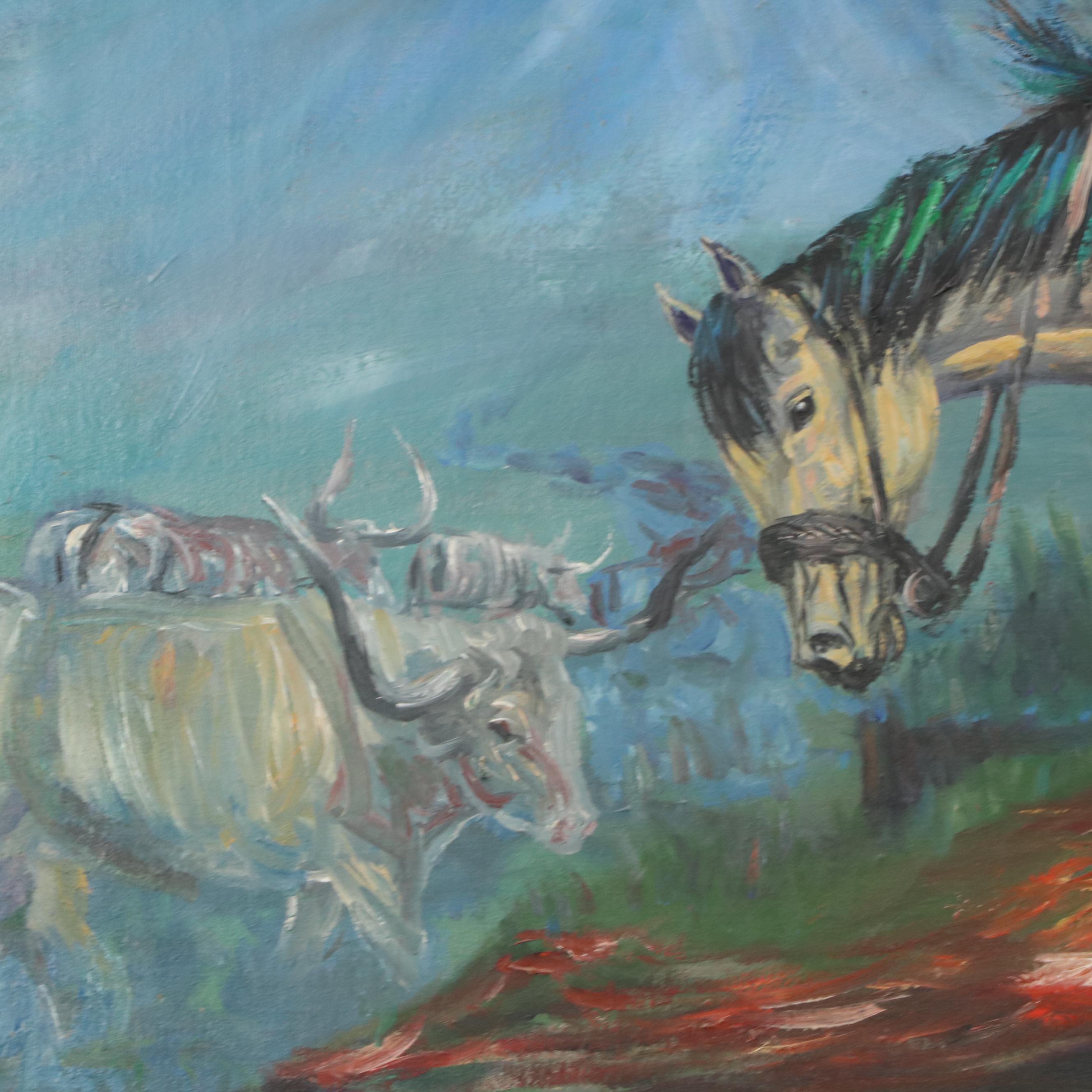 M. G. Henderson Western Landscape Oil Painting of Man Saddling Horse