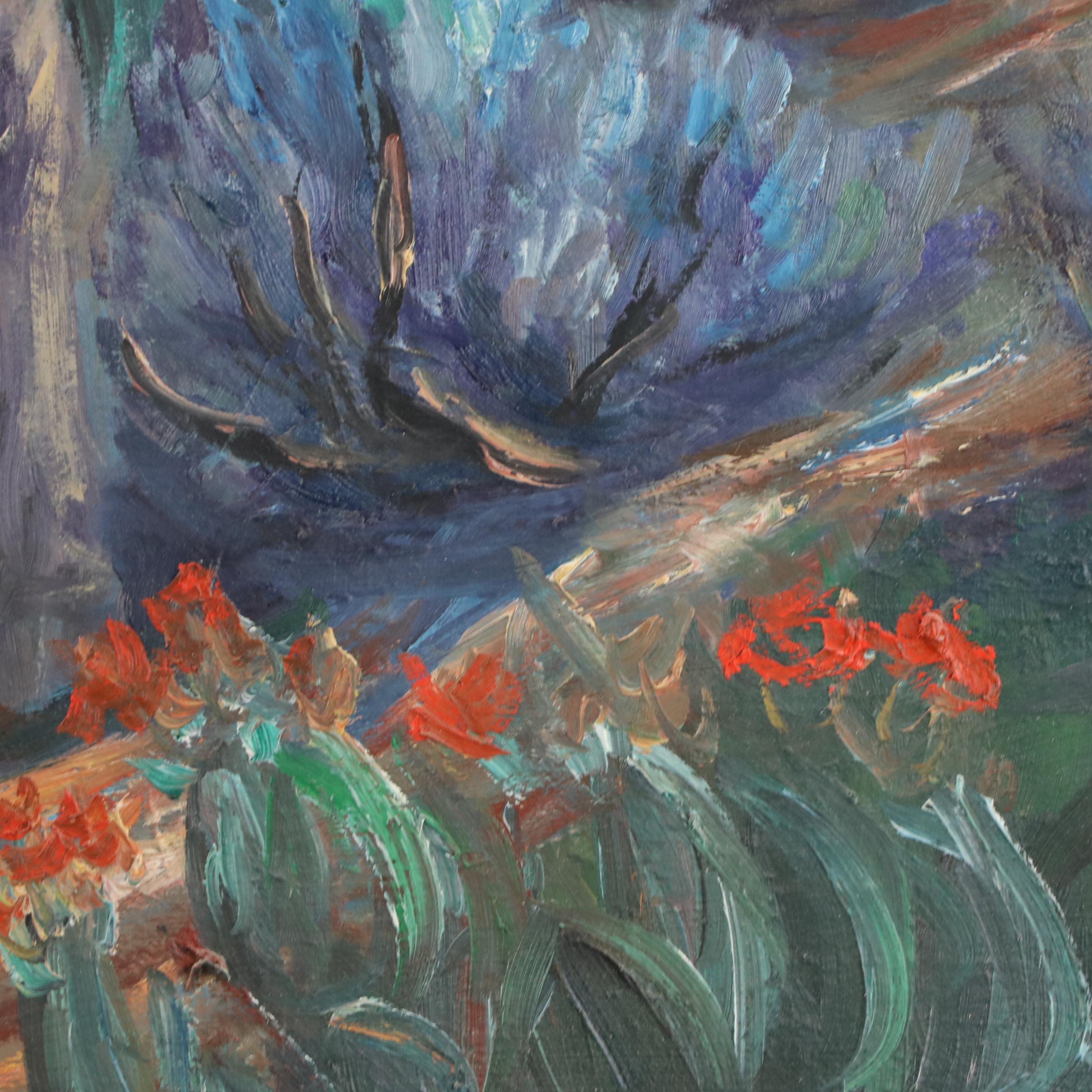 M. G. Henderson Western Landscape Oil Painting of Man Saddling Horse