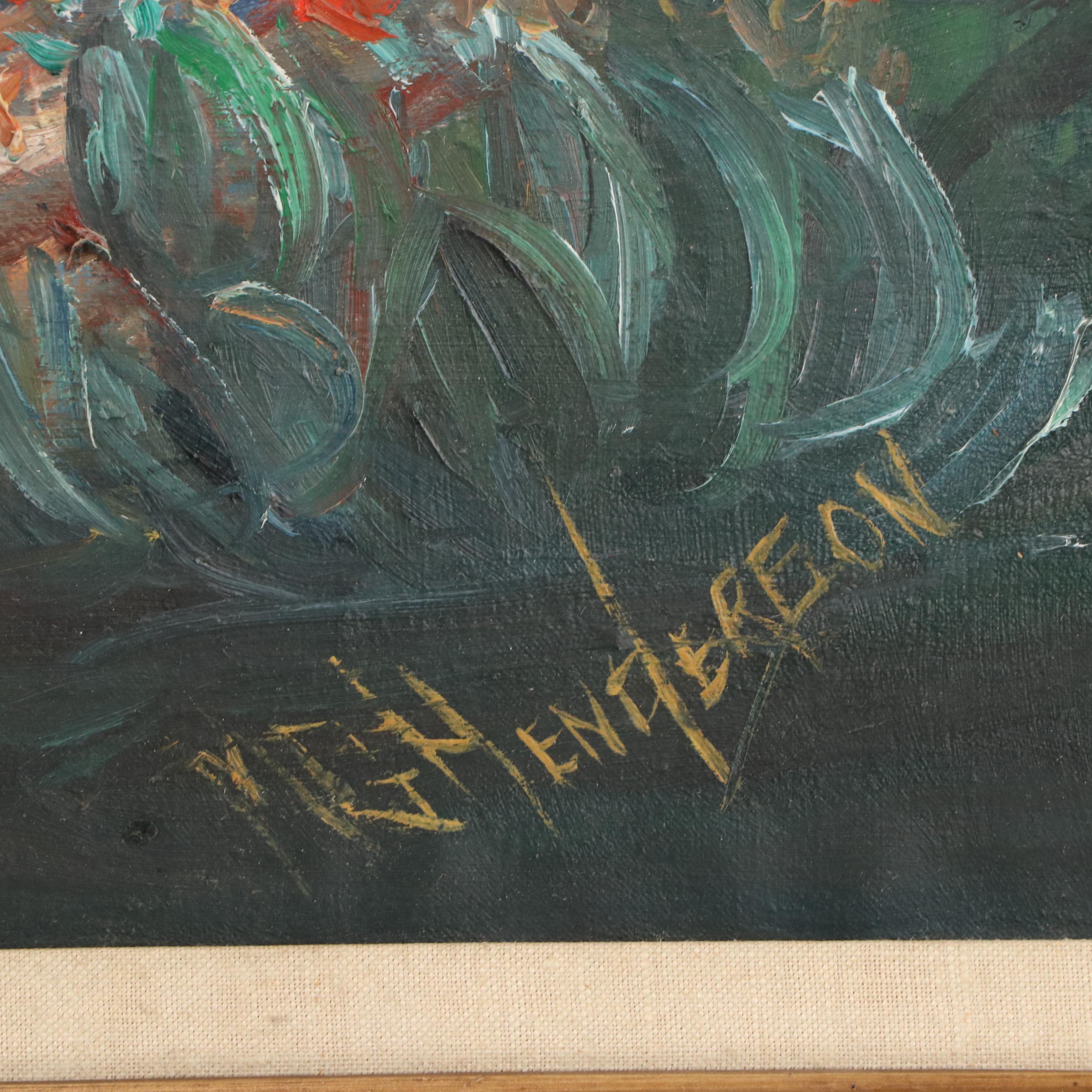 M. G. Henderson Western Landscape Oil Painting of Man Saddling Horse