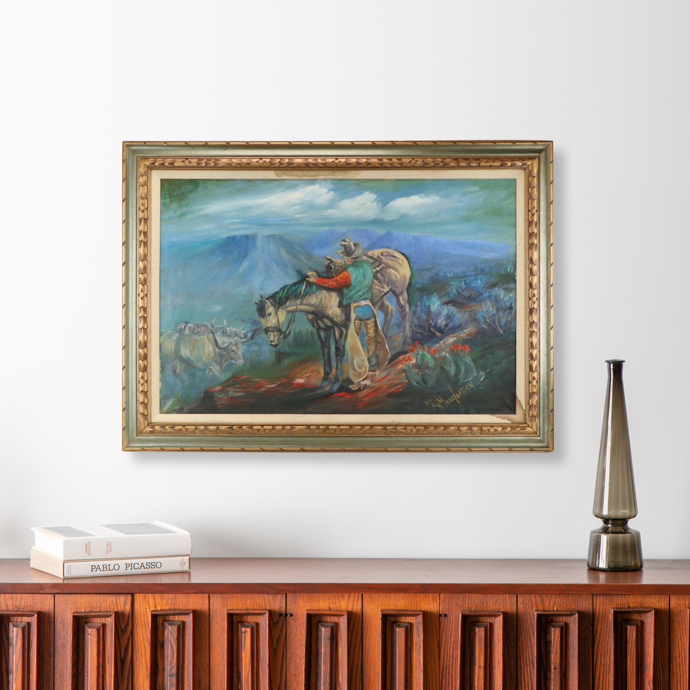 M. G. Henderson Western Landscape Oil Painting of Man Saddling Horse