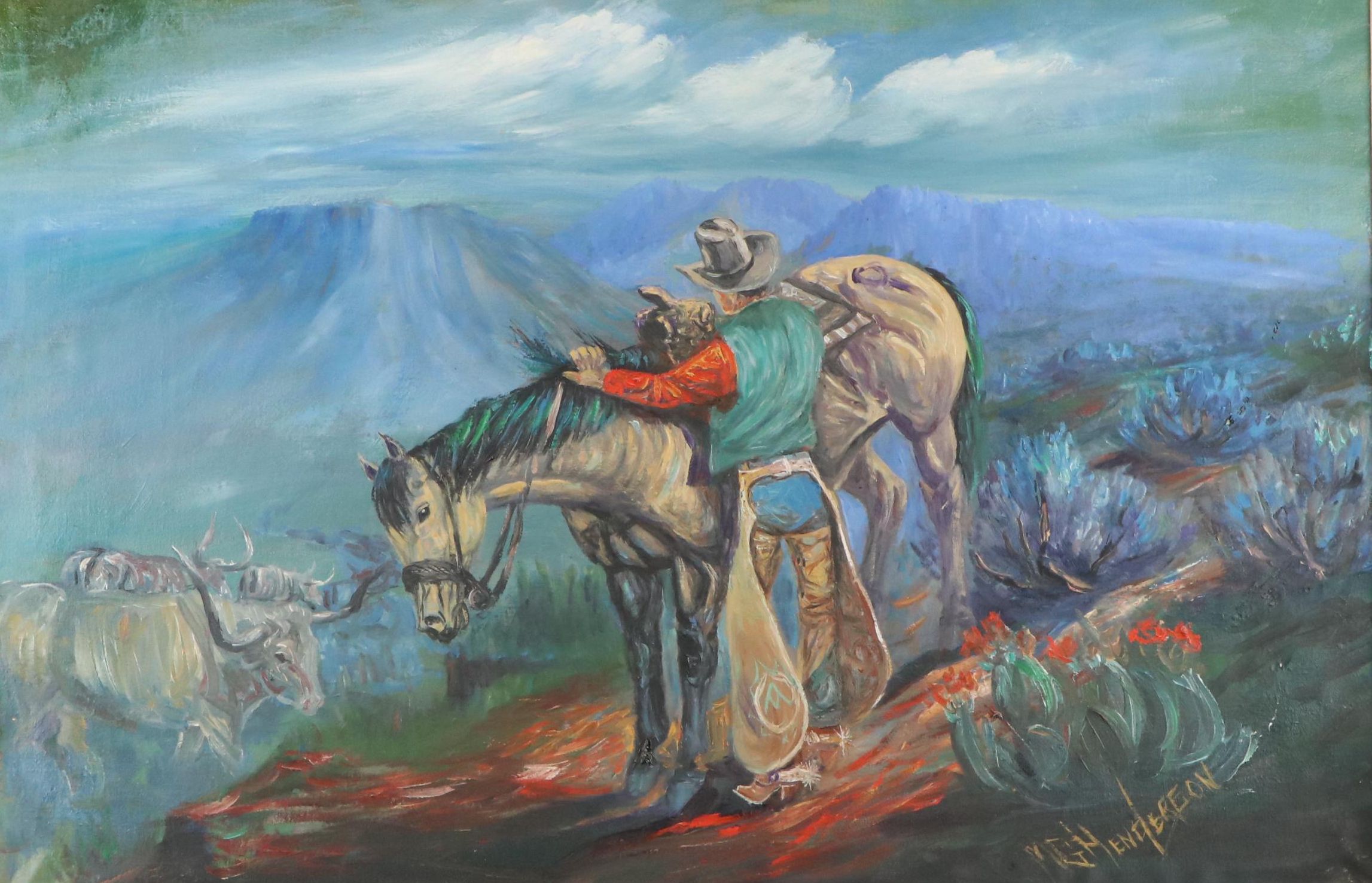 M. G. Henderson Western Landscape Oil Painting of Man Saddling Horse