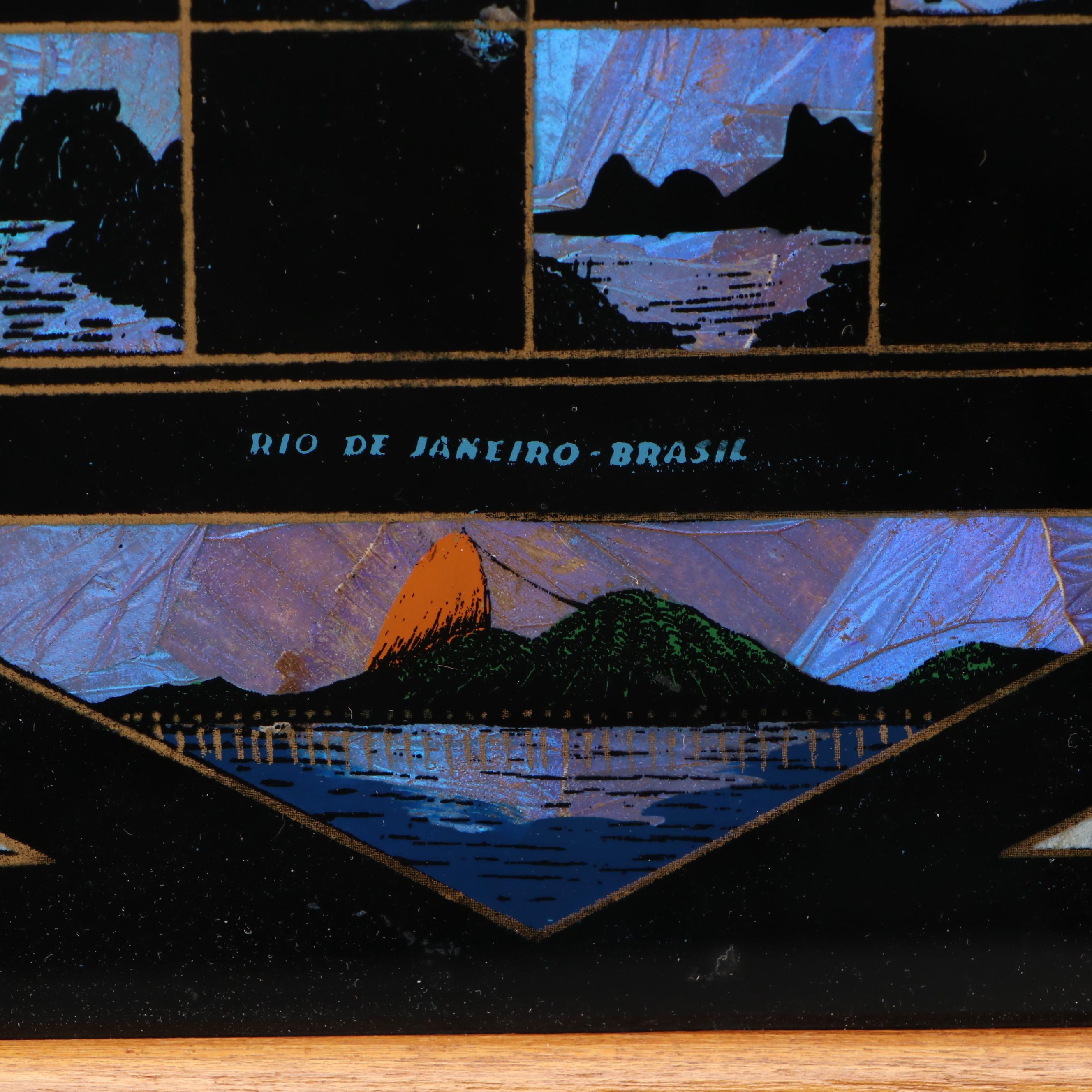 Brazilian Morpho Butterfly Wing and Wood Tray, Mid to Late 20th Century