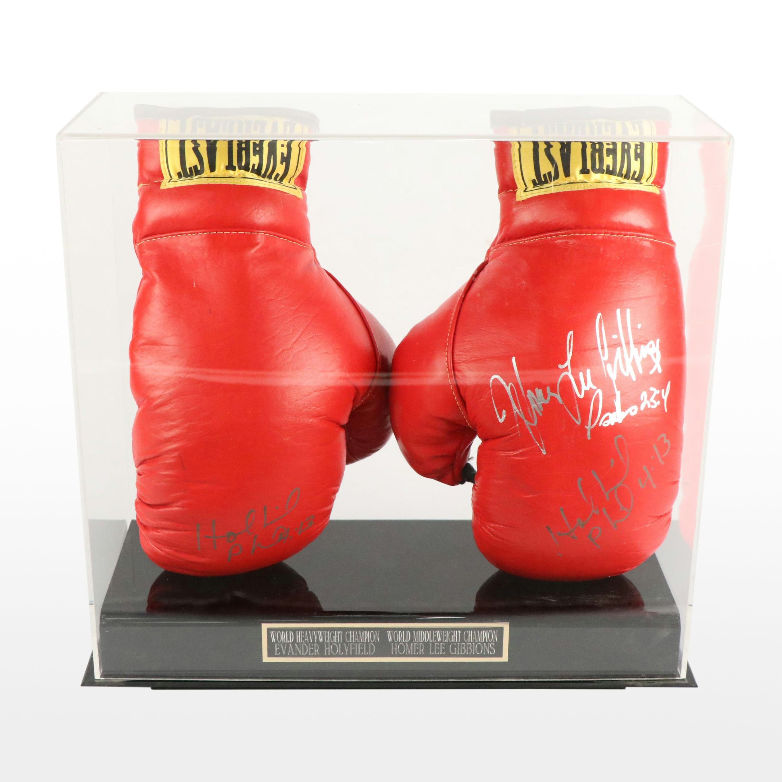 Homer Lee Gibbins and Evander Holyfield Signed Boxing Gloves with Display