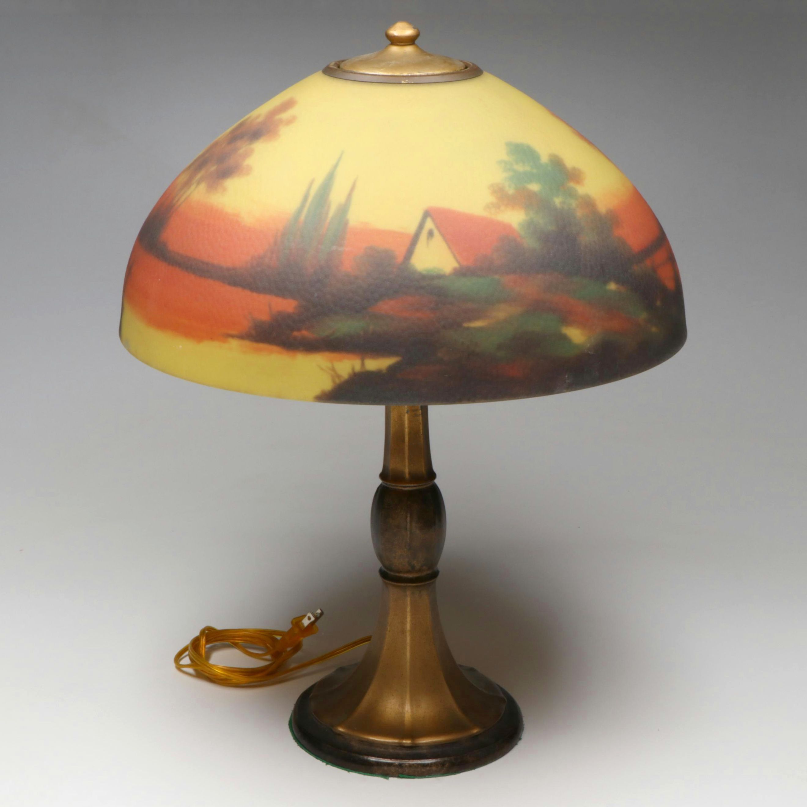 Jefferson Lamp Company Reverse Painted Glass Shade on Cast Metal Table Lamp