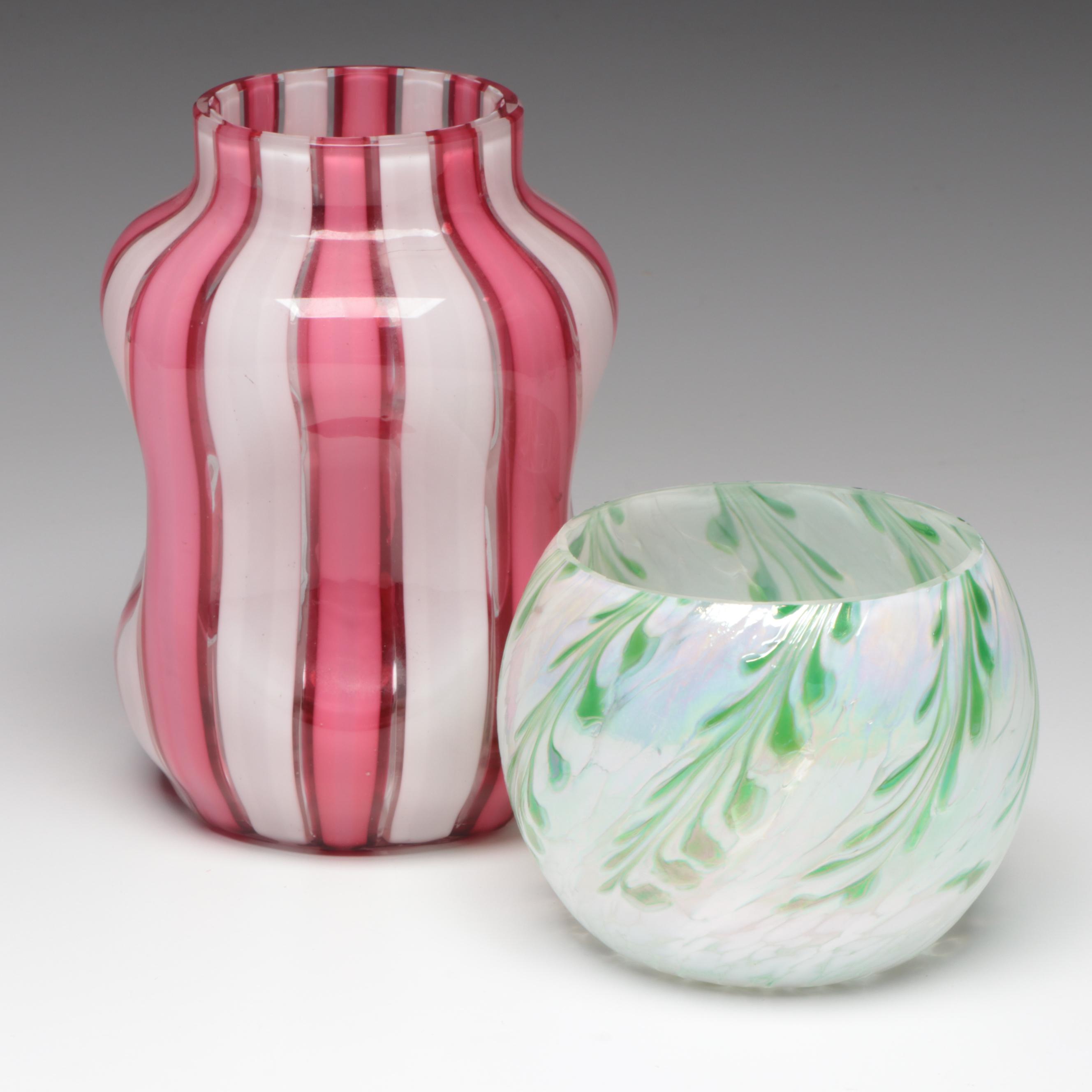 Victorian Pink and White Candy Stripe Vase and Other Iridescent Art Glass Bowl
