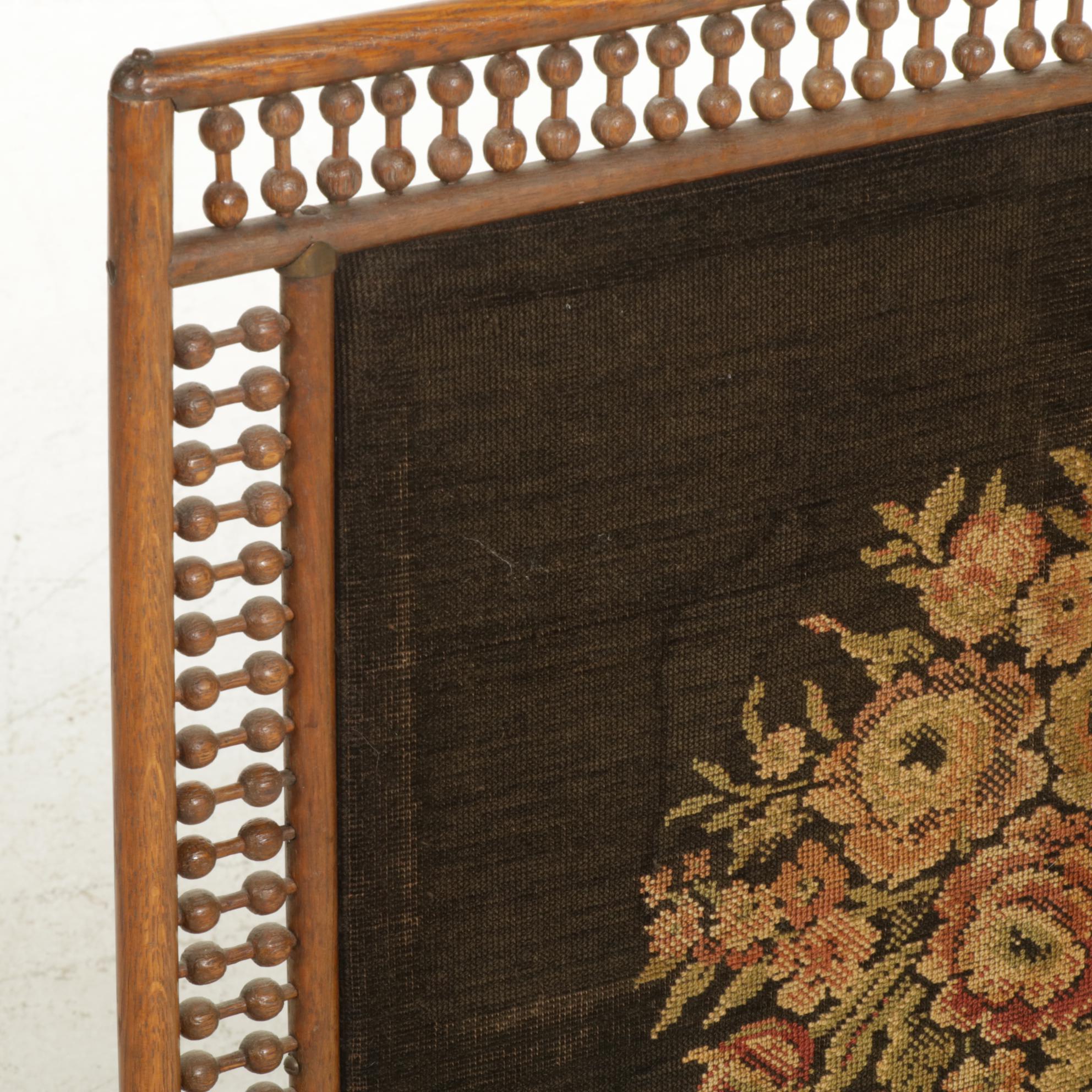 Victorian Needlepoint Fireplace Screen with Stick and Ball Frame